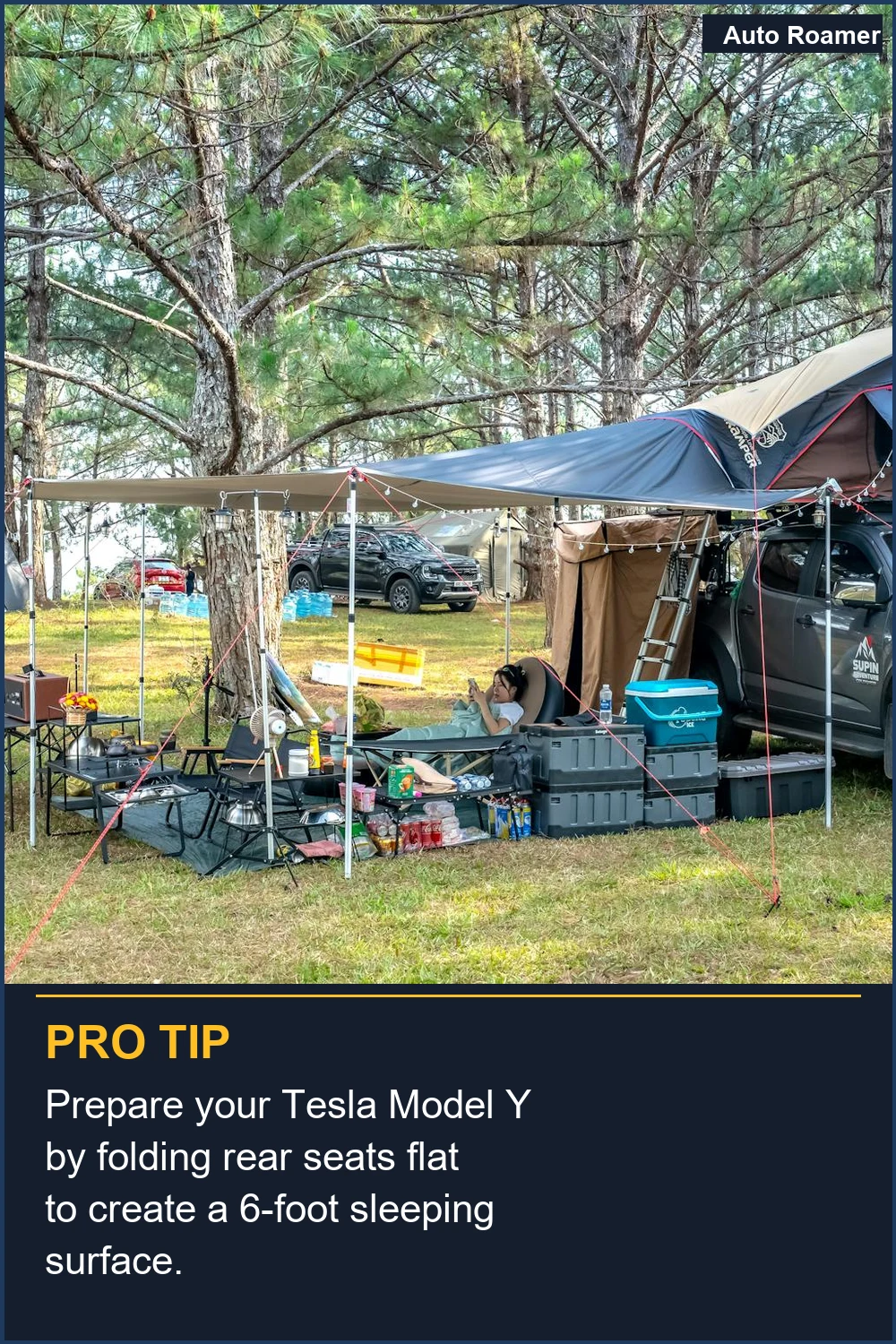 Prepare your Tesla Model Y by folding rear seats flat to create a 6-foot sleeping surface.