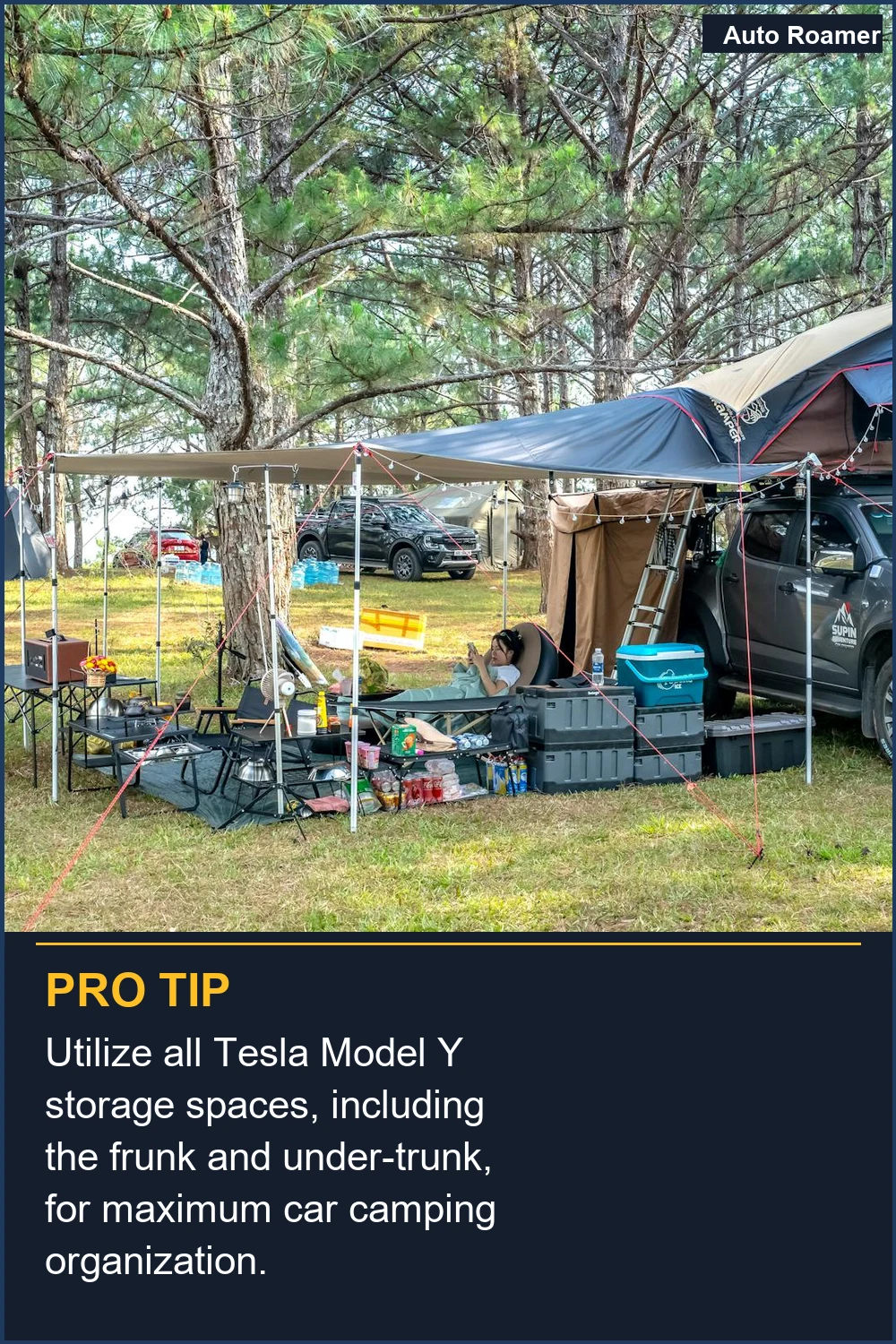 Utilize all Tesla Model Y storage spaces, including the frunk and under-trunk, for maximum car camping organization.