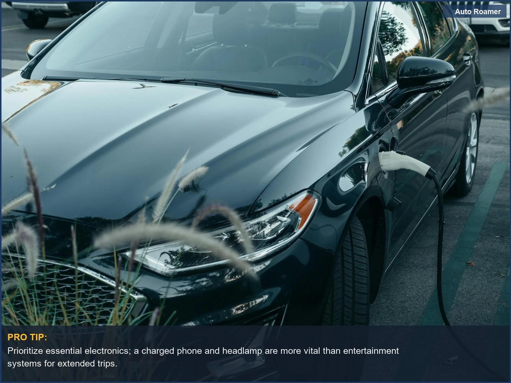 Close-up of electric car charging in city parking lot, showcasing Model Y battery usage.