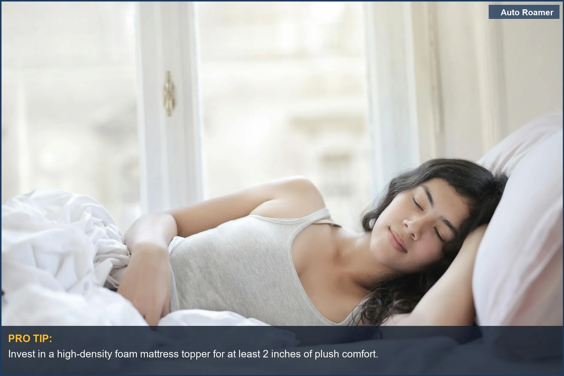 Woman enjoying comfortable car camping sleep in a Tesla Model Y, maximizing sleeping comfort.