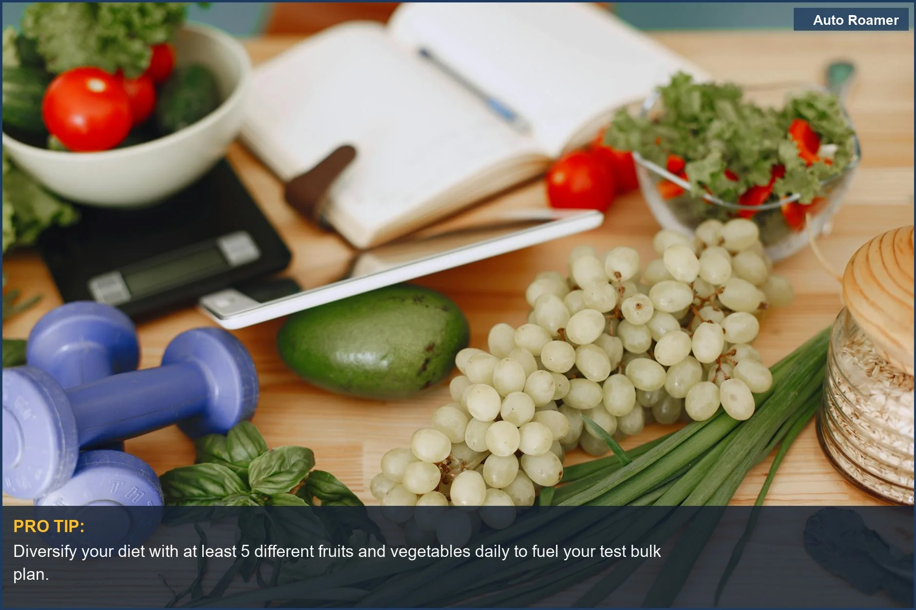 Fruits, vegetables, and fitness gear support a test bulk plan for a vibrant, healthy lifestyle.