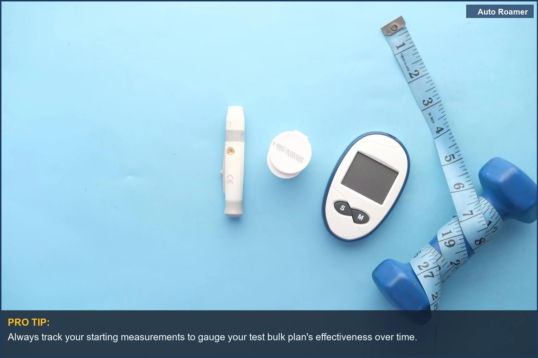 Monitor your test bulk plan progress with a glucometer, dumbbell, and measuring tape for accurate health tracking.