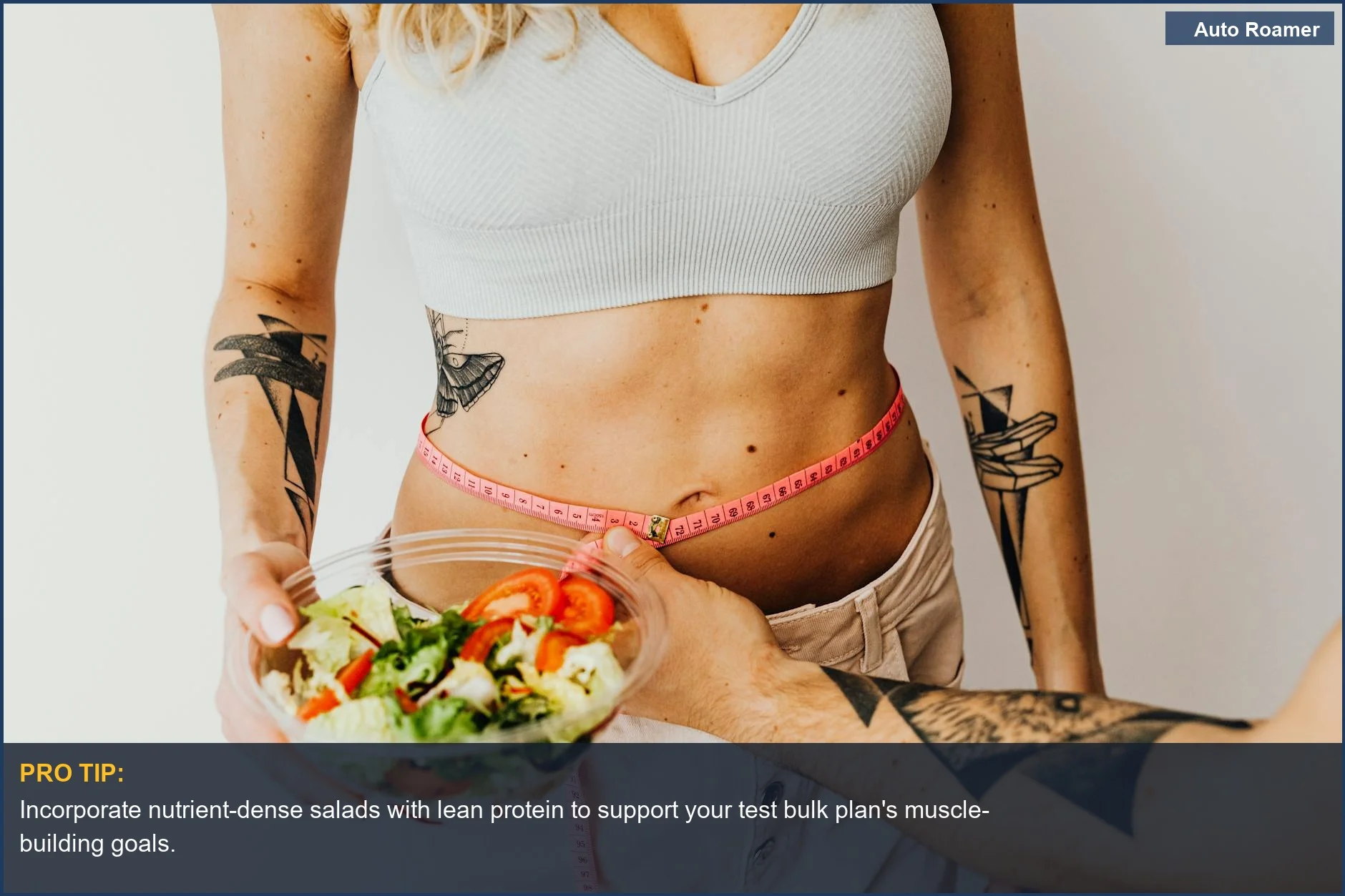 Woman on a test bulk plan measures her waist, holding a healthy salad for effective mass gain.