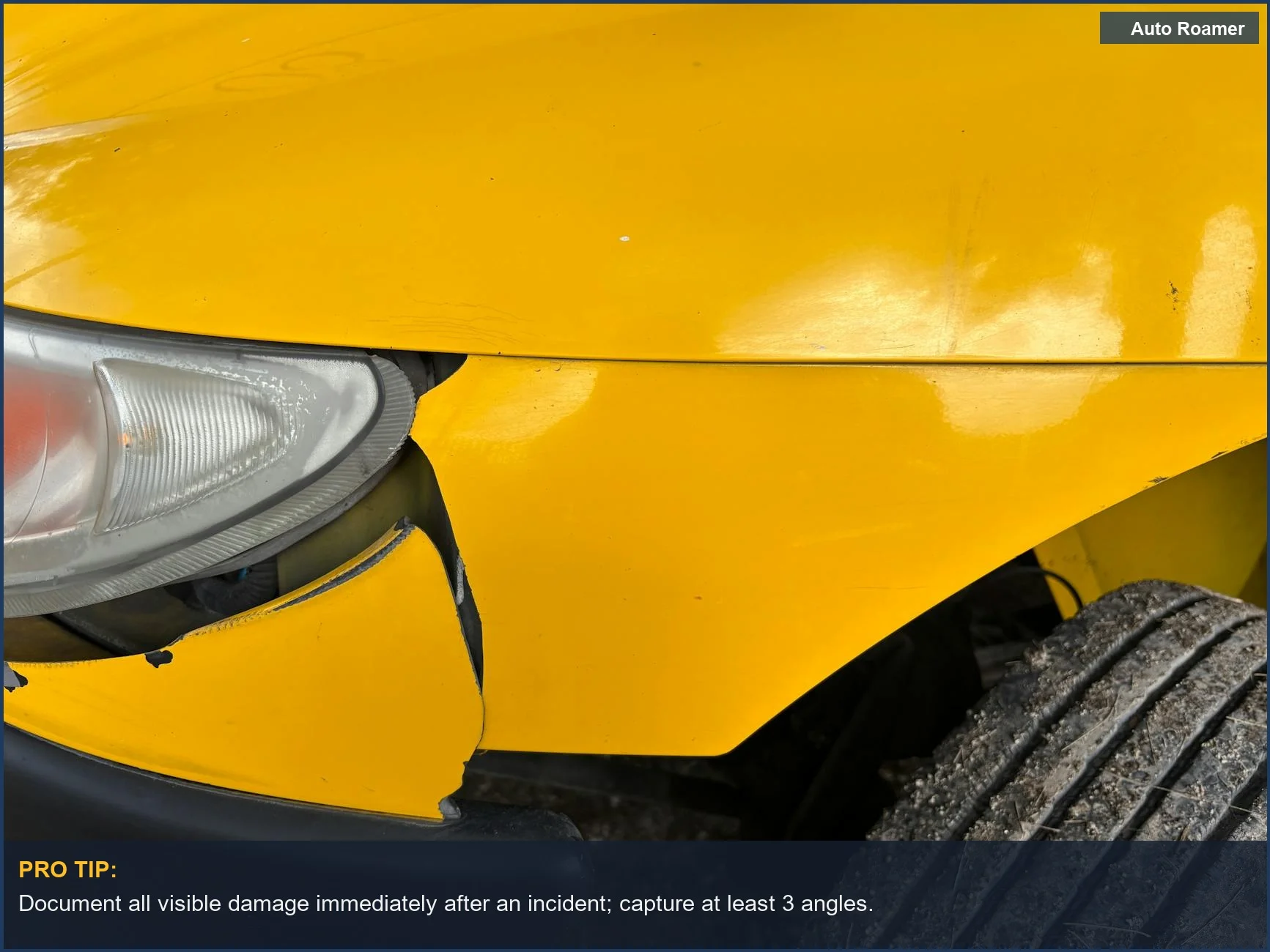 Close-up of a damaged yellow car bumper, illustrating evidence for accident reconstruction with dashcam data.