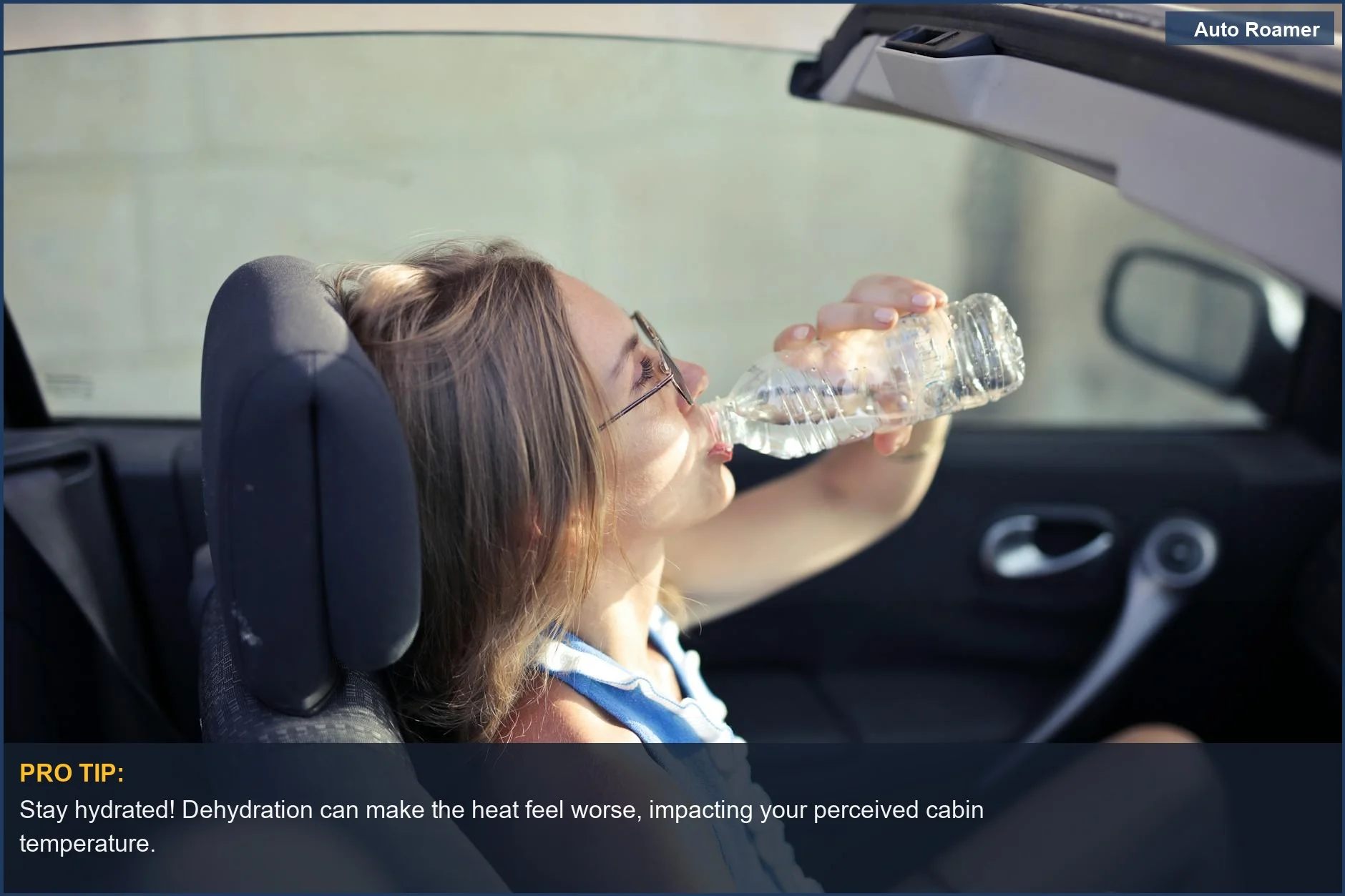 Woman in a convertible sips water, illustrating heat transfer in car cabins on a hot day.