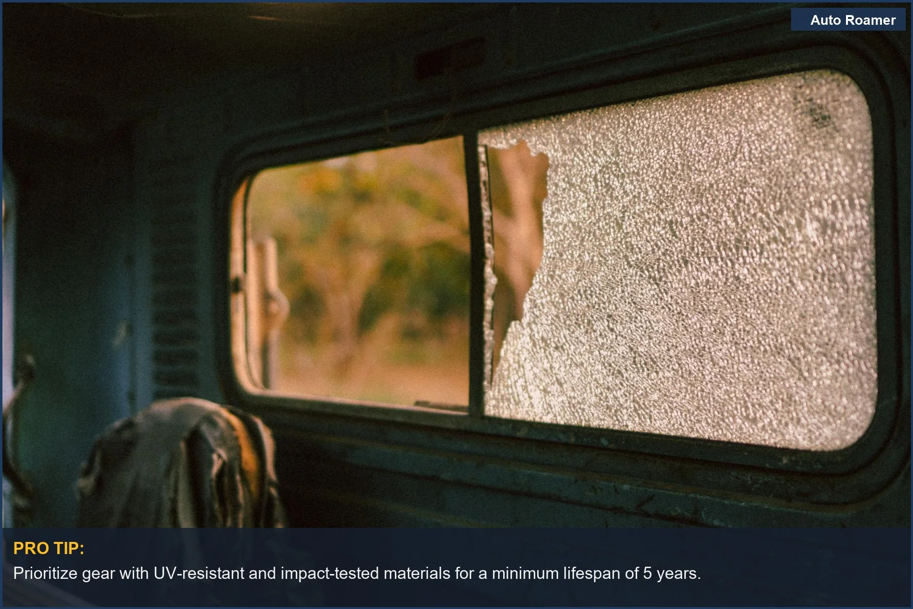Shattered car window inside an abandoned vehicle, representing the long-term consequences of cheap material failure.