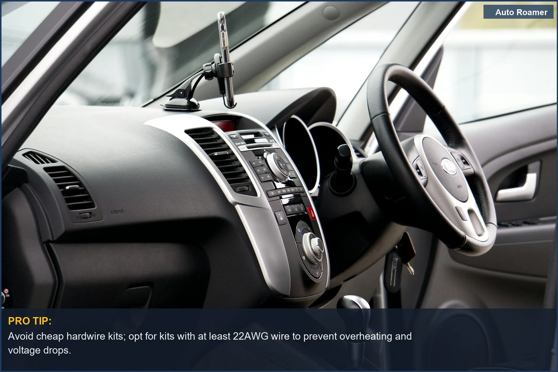 Close-up of a sleek car steering wheel and dashboard with chrome accents, showing a clean installation.