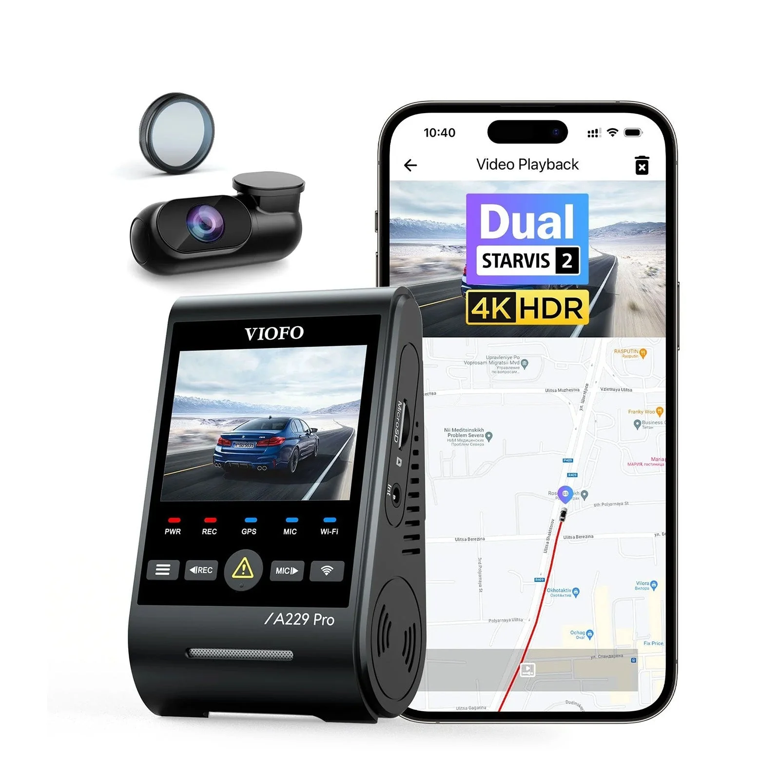 a VIOFO A229 Pro dash cam bundle with the front unit, a rear camera, a CPL filter and a phone showing dual 4K HDR playback