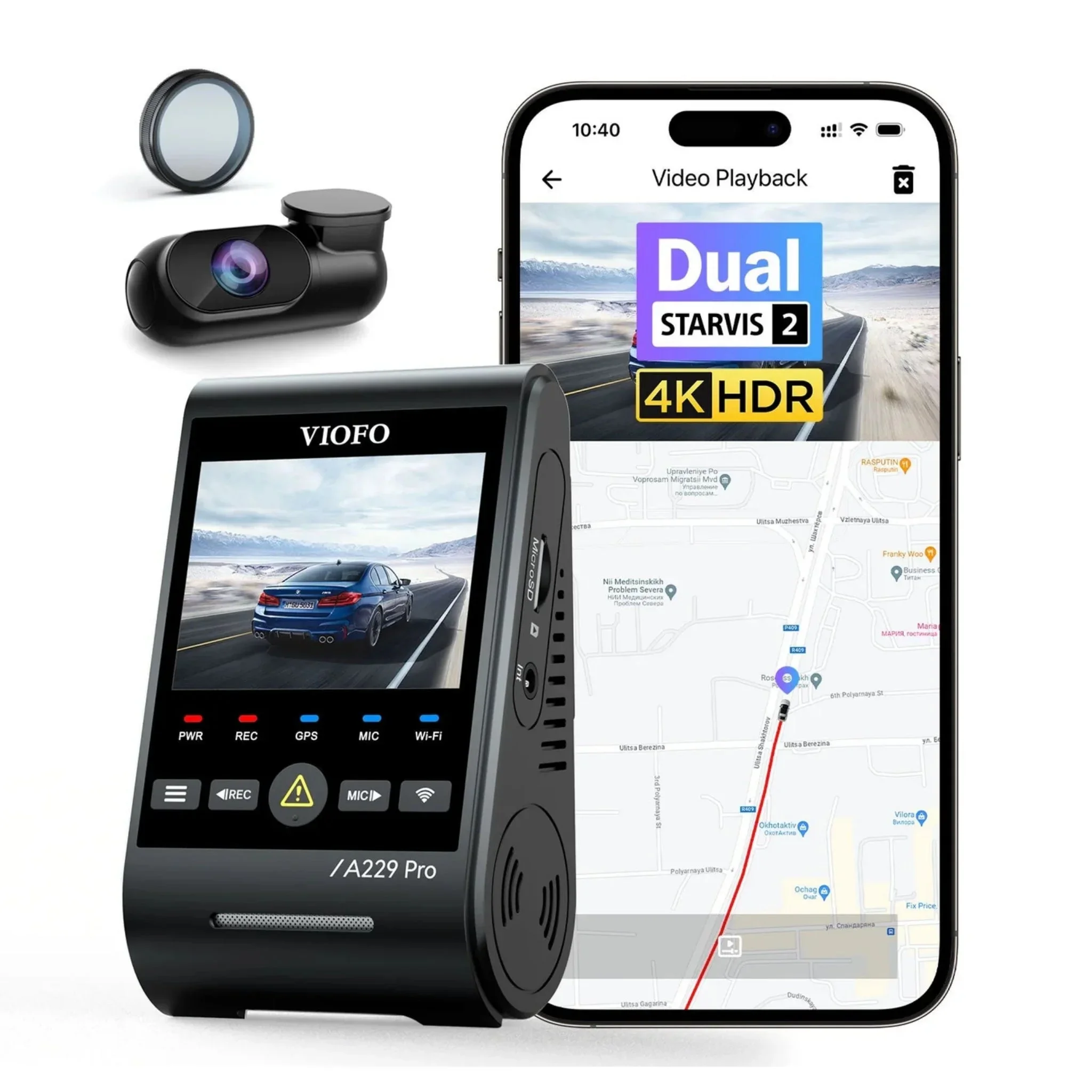 a VIOFO A229 Pro front unit, rear camera and CPL filter beside a phone running the VIOFO app