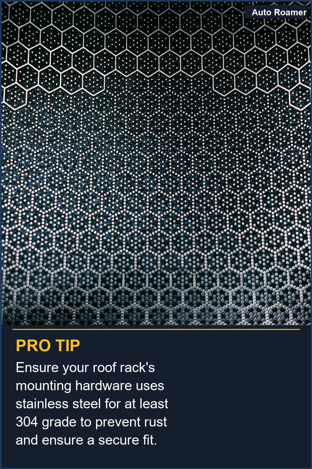 Ensure your roof rack's mounting hardware uses stainless steel for at least 304 grade to prevent rust and ensure a secure fit.