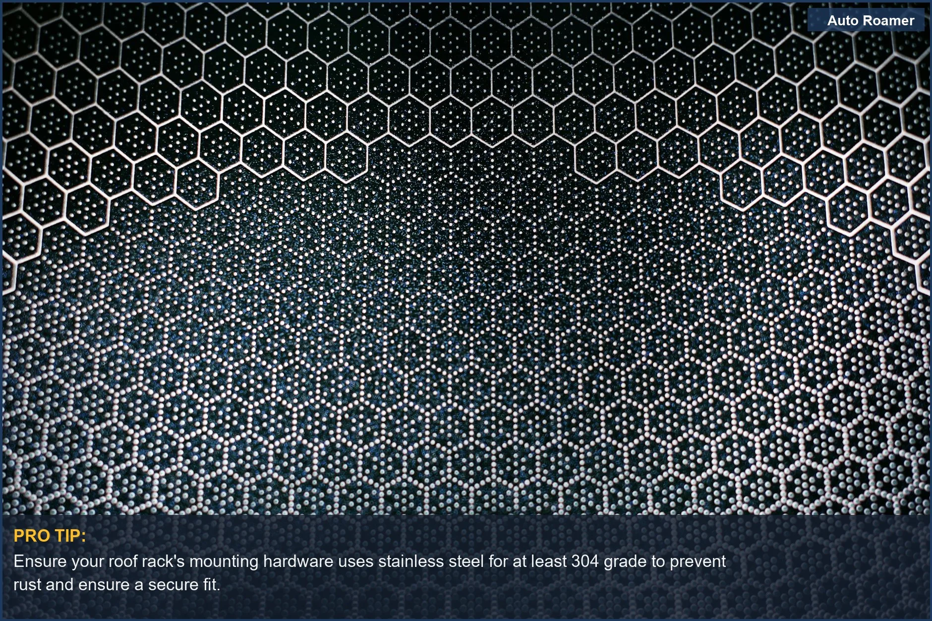 Compare Thule and Yakima roof racks: Abstract hexagonal metal texture shows design precision for secure and easy installation processes.