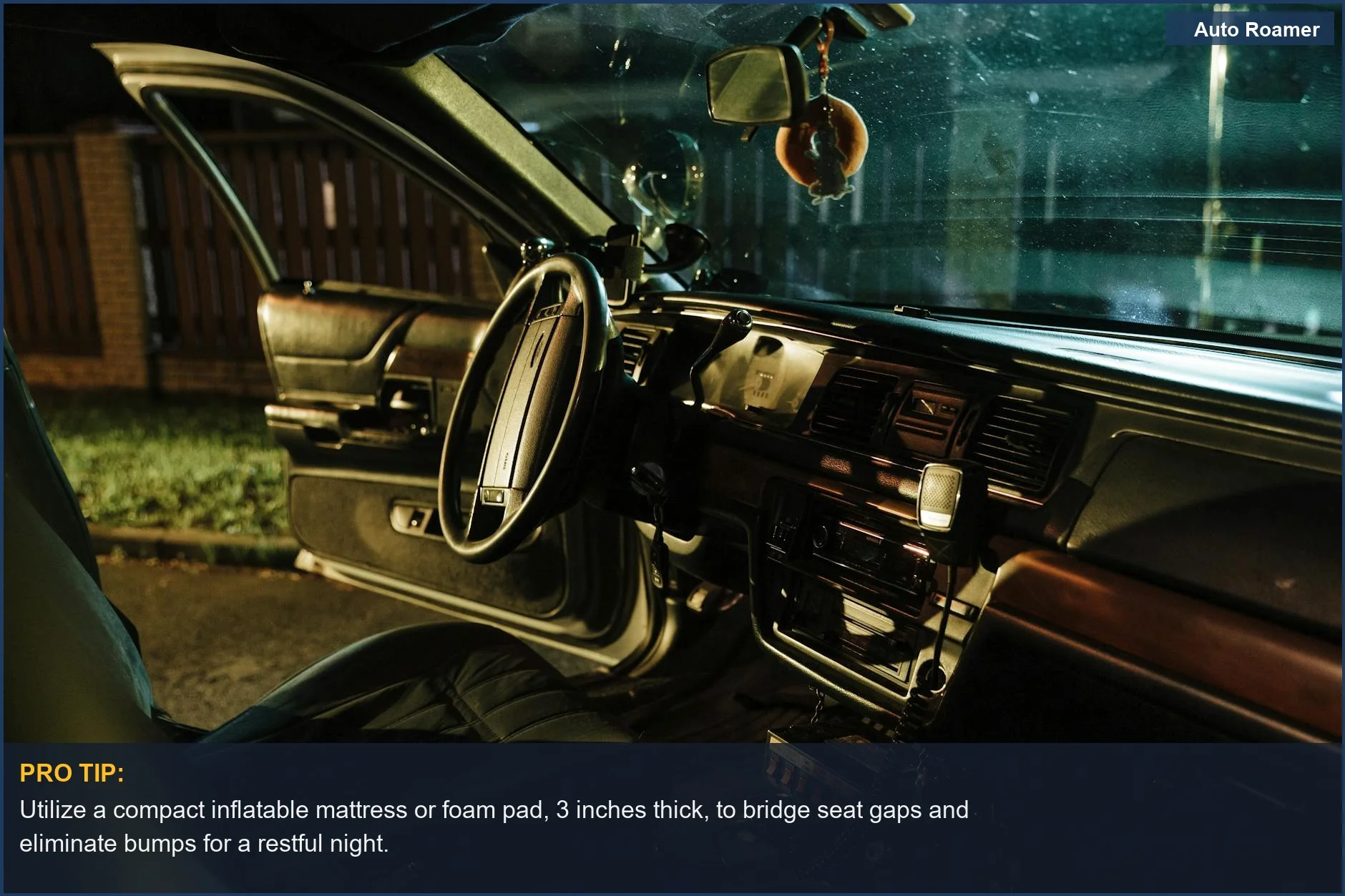 Stylish Tiguan car interior at night, open door, steering wheel and seats visible, ready for car camping.