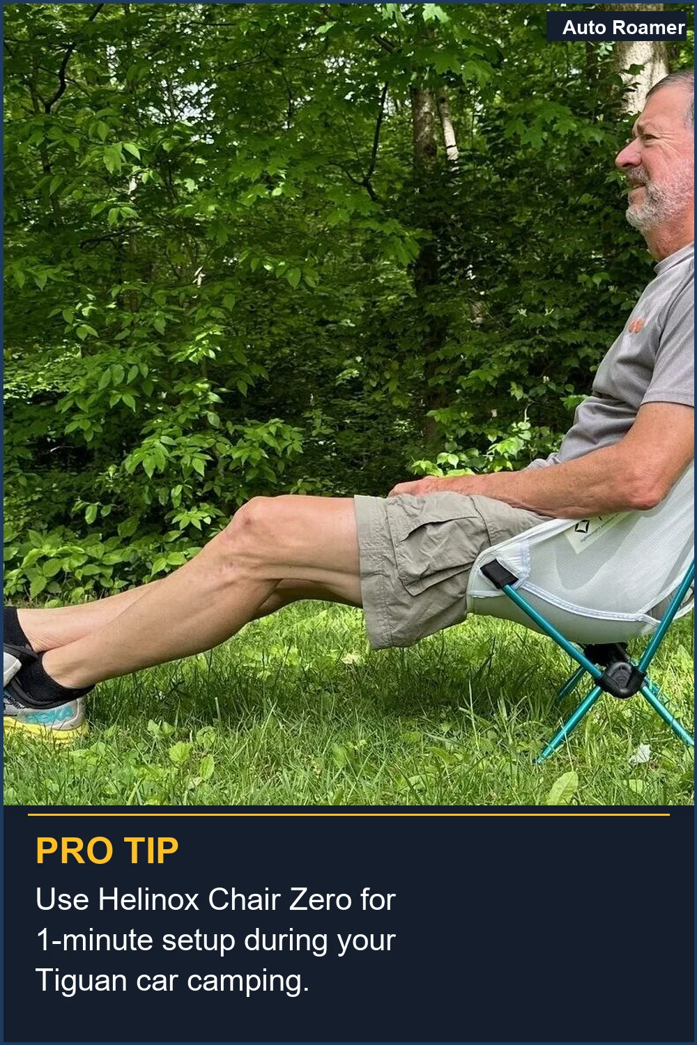 Use Helinox Chair Zero for 1-minute setup during your Tiguan car camping.