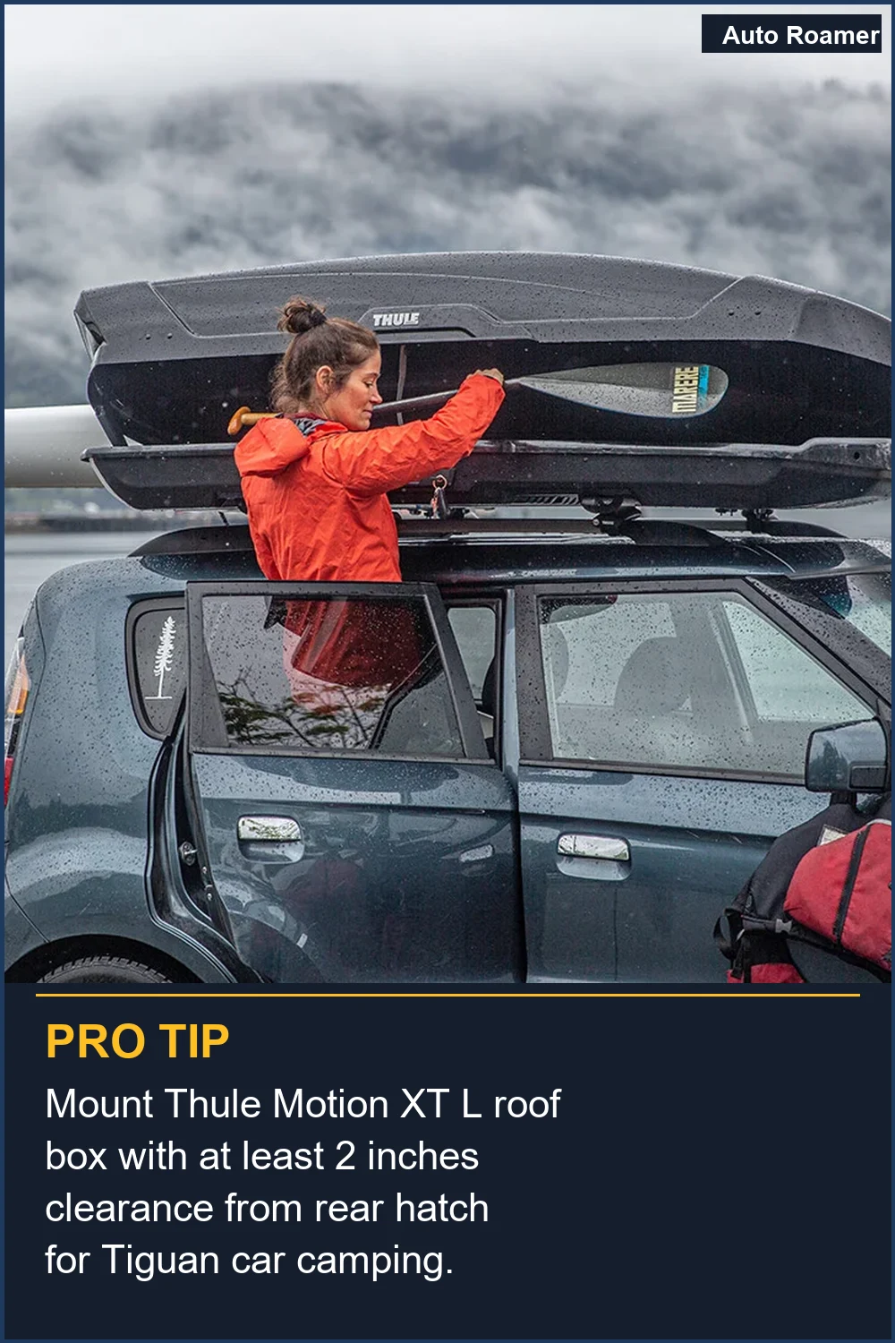 Mount Thule Motion XT L roof box with at least 2 inches clearance from rear hatch for Tiguan car camping.