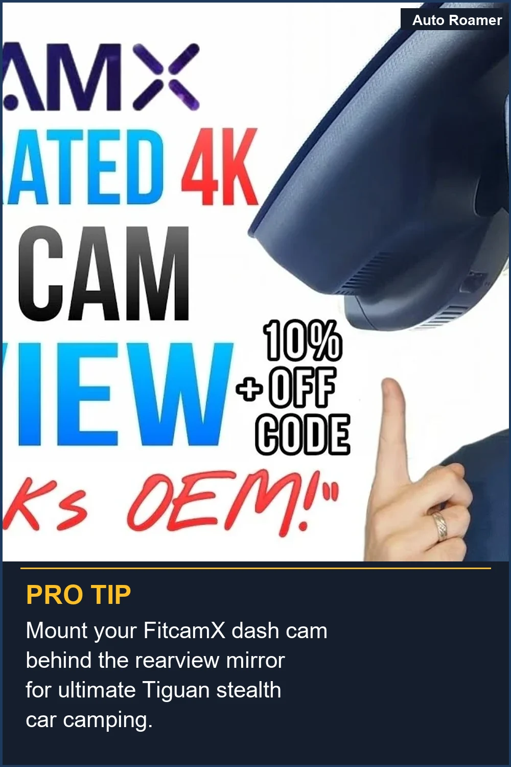 Mount your FitcamX dash cam behind the rearview mirror for ultimate Tiguan stealth car camping.