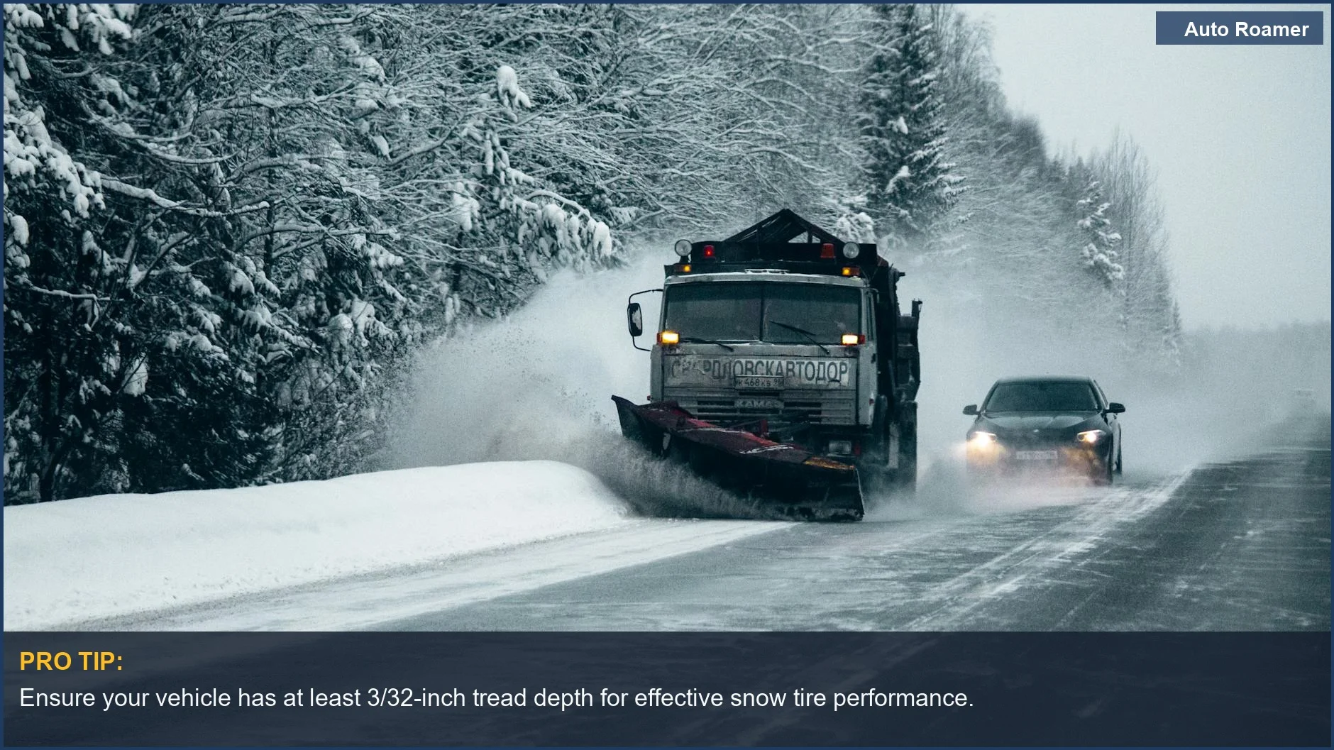 Snowplow clears road while car follows, highlighting the importance of proper tires for winter conditions.