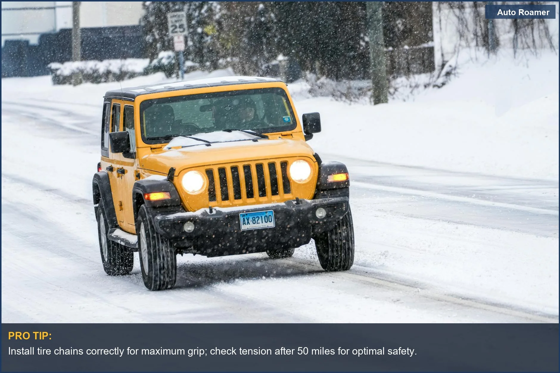Yellow SUV driving on snowy urban street, demonstrating winter driving safety with tire chains.
