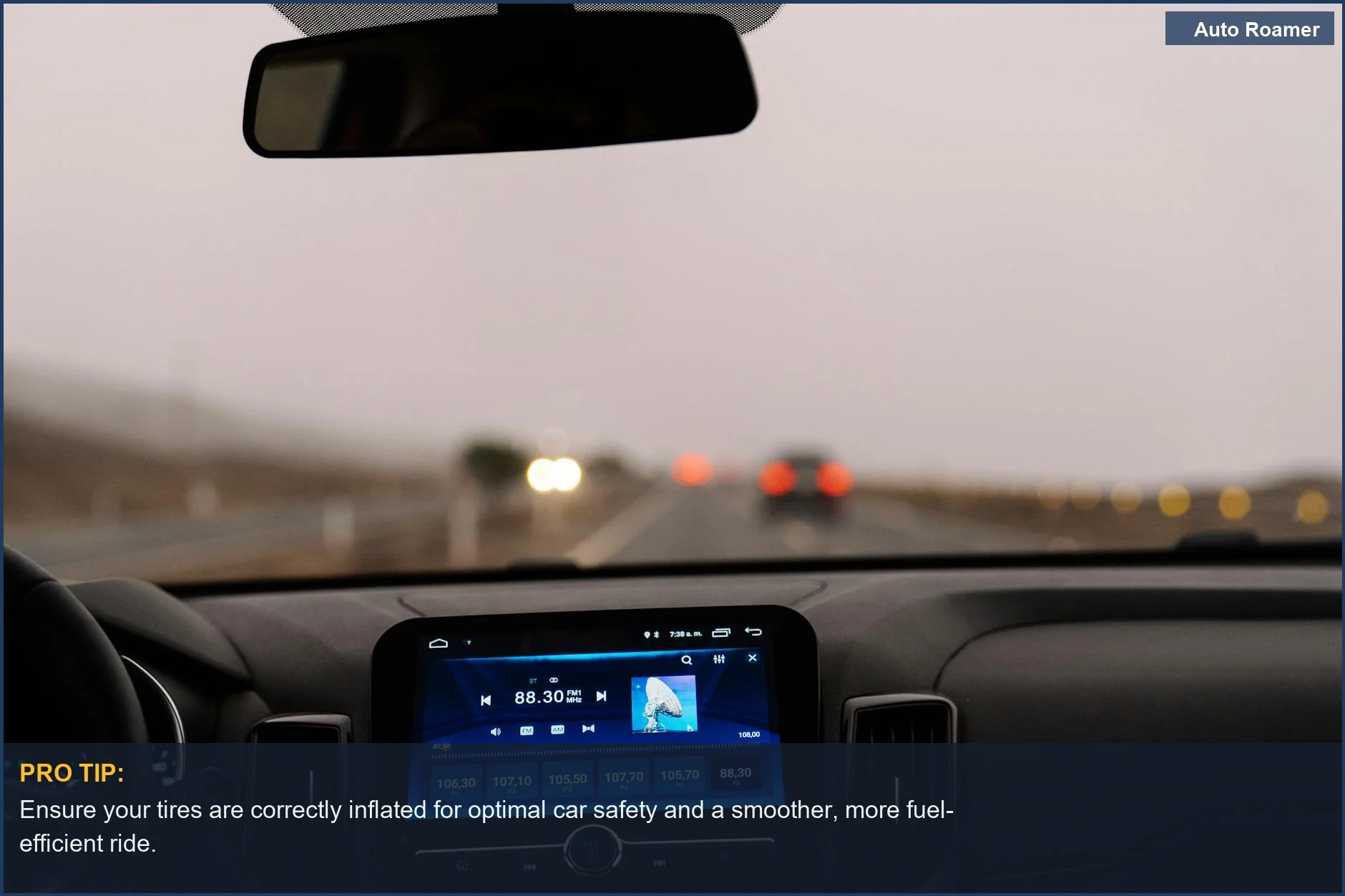 Car dashboard displaying speed on an open road, highlighting the importance of car safety and tire pressure.