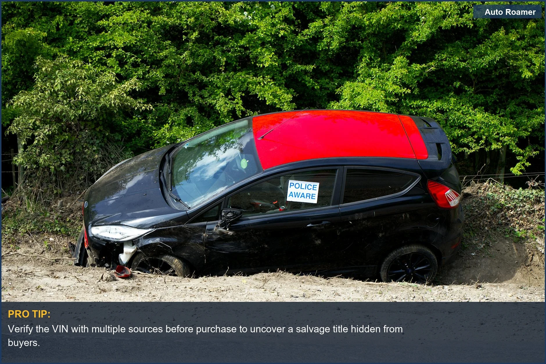 Abandoned police-marked car off UK road warns buyers about salvage title hidden from buyers.
