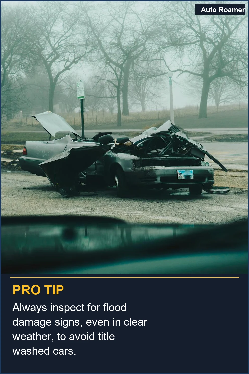 Always inspect for flood damage signs, even in clear weather, to avoid title washed cars.