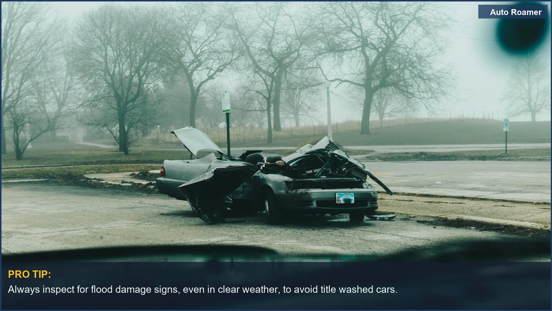 Severely damaged car in foggy Chicago street highlights the reality of title washing car scams.