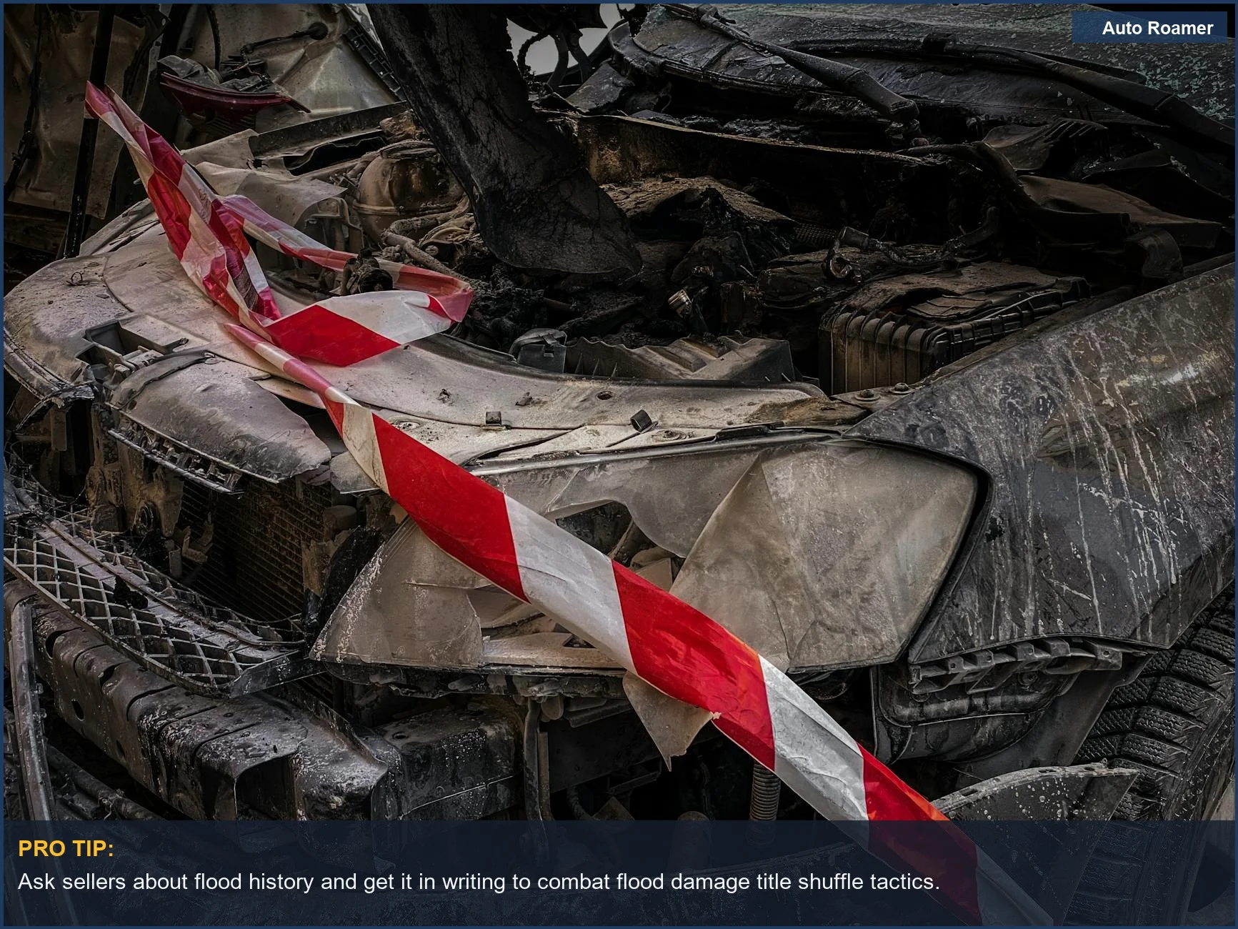 Wrecked car covered in safety tape in Ukraine raises concerns about flood damage title shuffle.