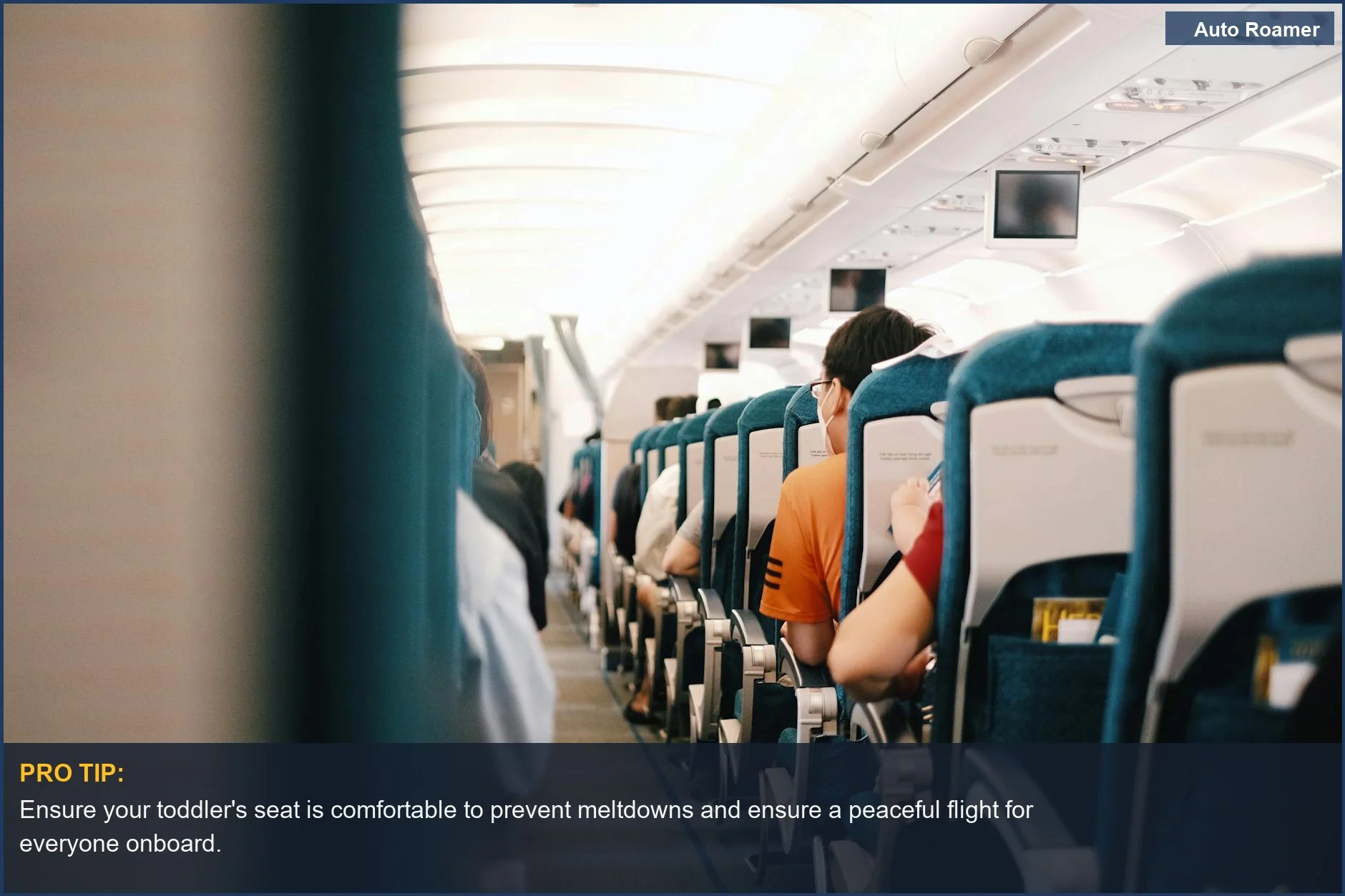 Passengers sit in airplane seats, illustrating the importance of comfort during flying with toddlers.
