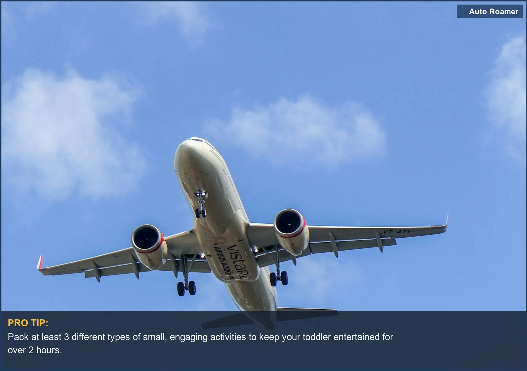 Toddler airplane travel begins with a passenger jet flying high in a clear blue sky.