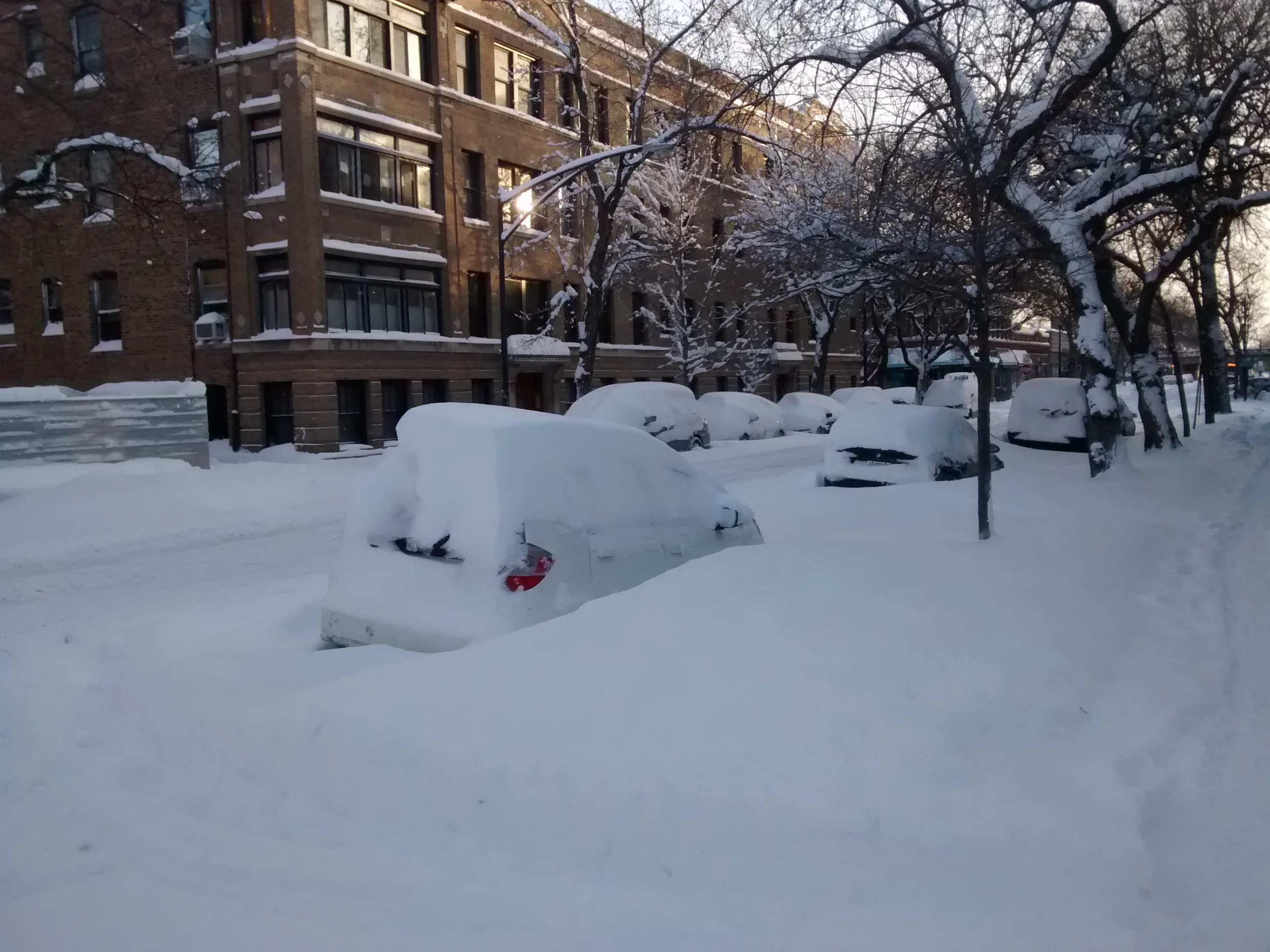 Cars buried under snow on a cold winter street, the freezing overnight conditions this guide sets a safe car-sleeping temperature for.