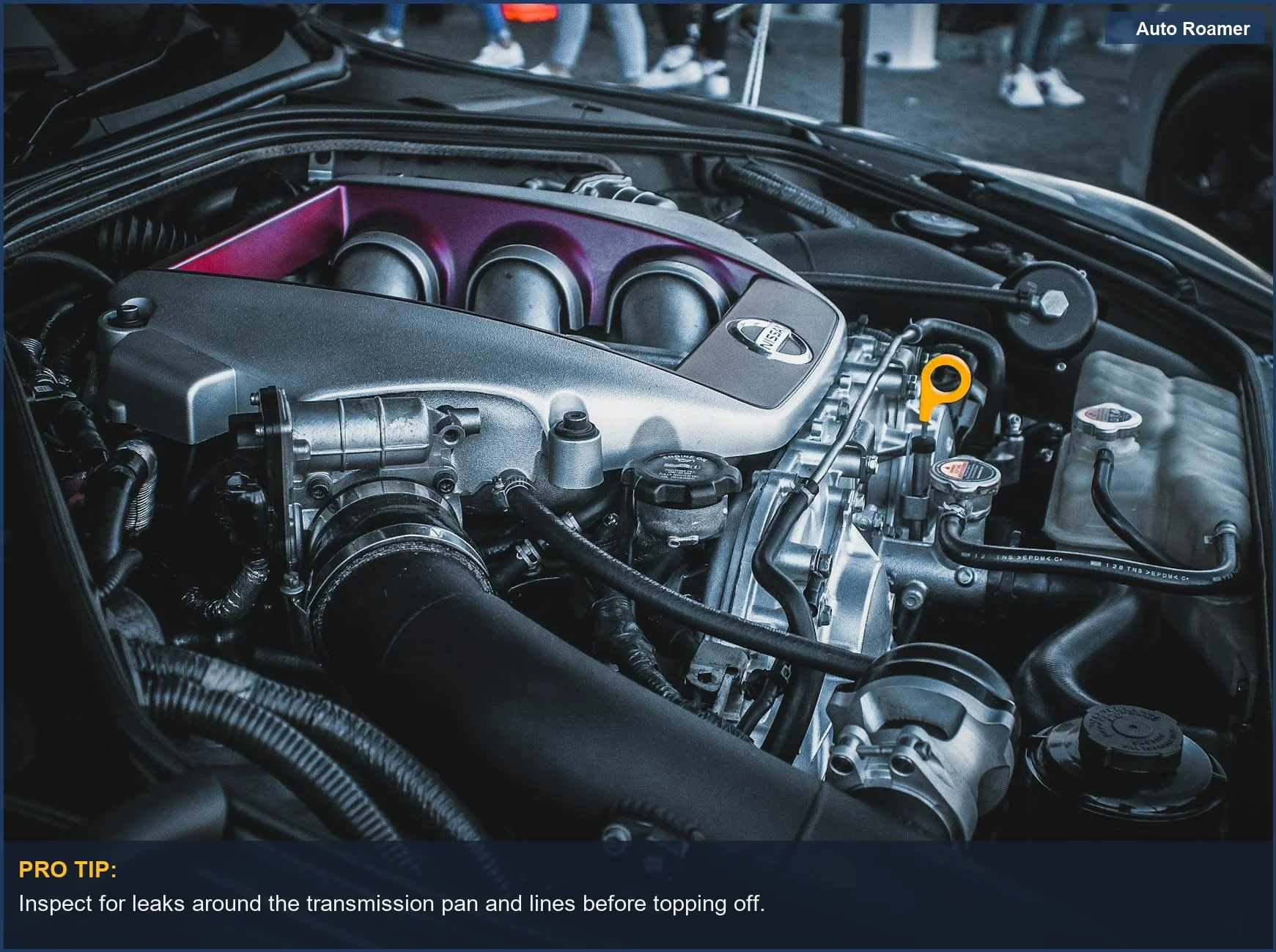 Detailed shot of intricate engine components in a Nissan car engine bay.