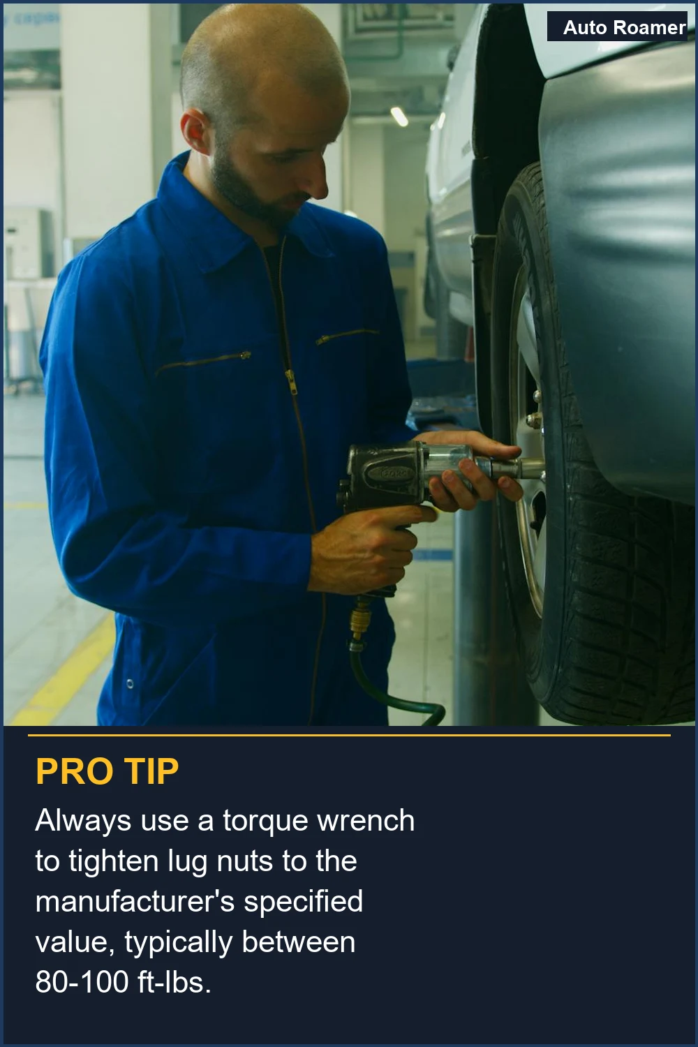 Always use a torque wrench to tighten lug nuts to the manufacturer's specified value, typically between 80-100 ft-lbs.