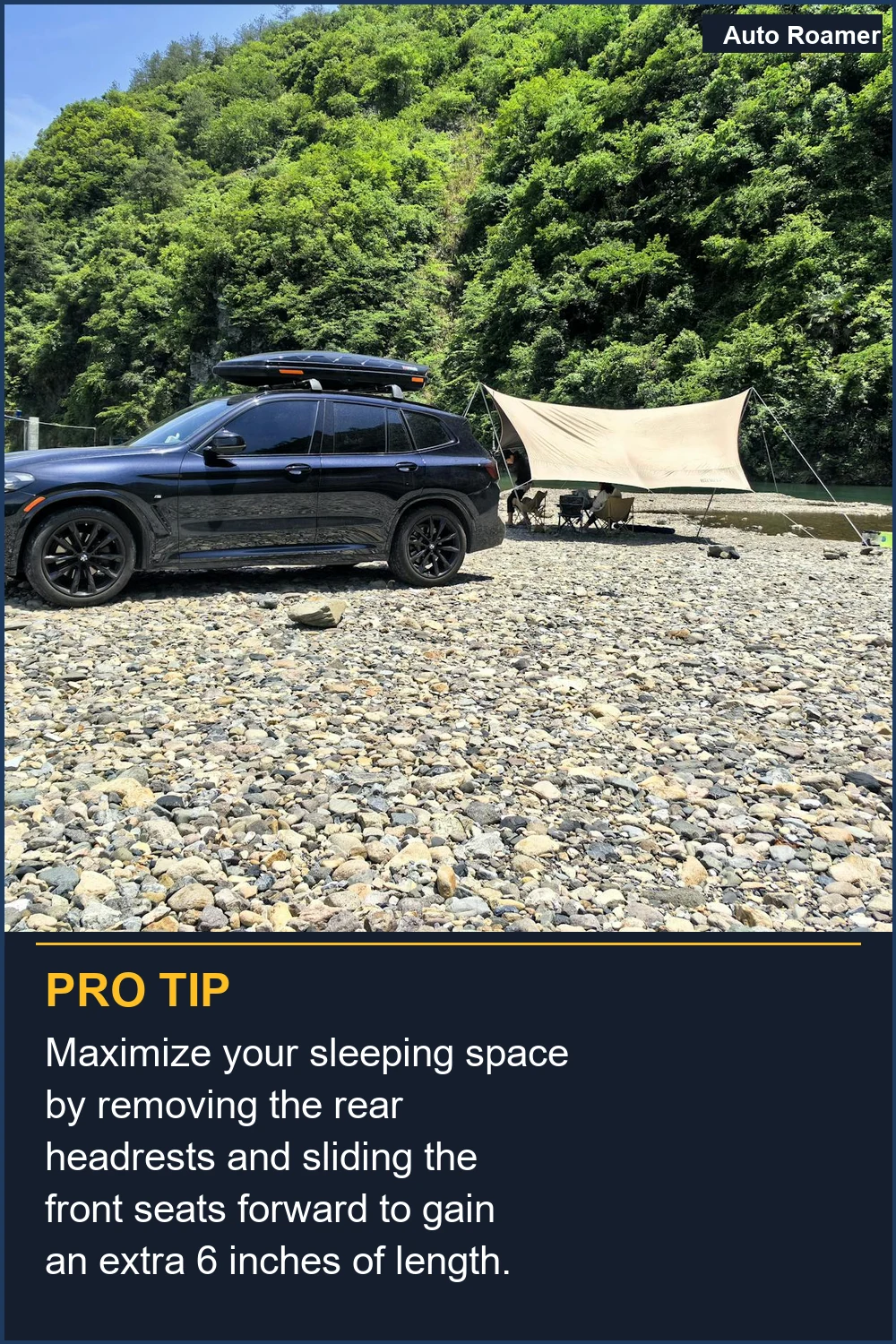 Maximize your sleeping space by removing the rear headrests and sliding the front seats forward to gain an extra 6 inches of length.