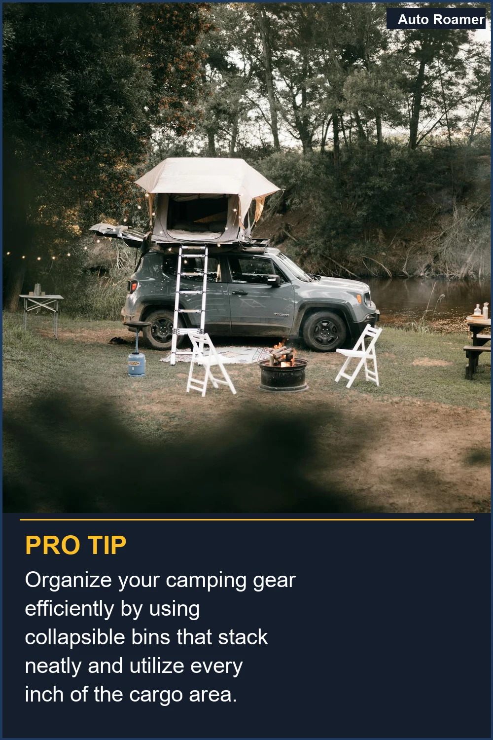 Organize your camping gear efficiently by using collapsible bins that stack neatly and utilize every inch of the cargo area.