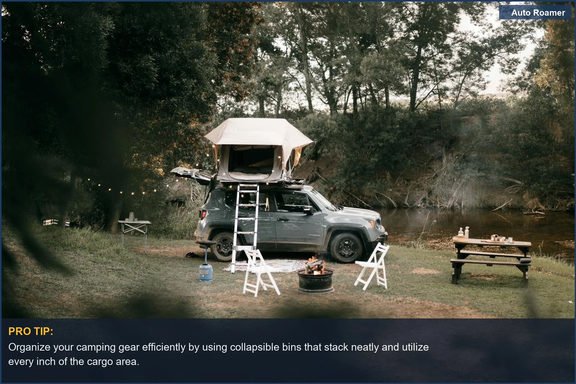 Serene Corolla Cross camping setup with a car and rooftop tent by the riverbank for outdoor enthusiasts.