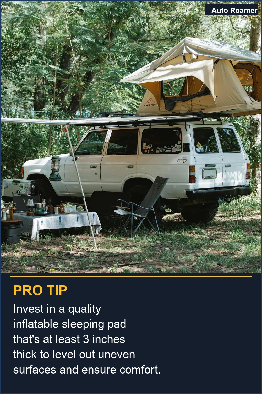 Invest in a quality inflatable sleeping pad that's at least 3 inches thick to level out uneven surfaces and ensure comfort.