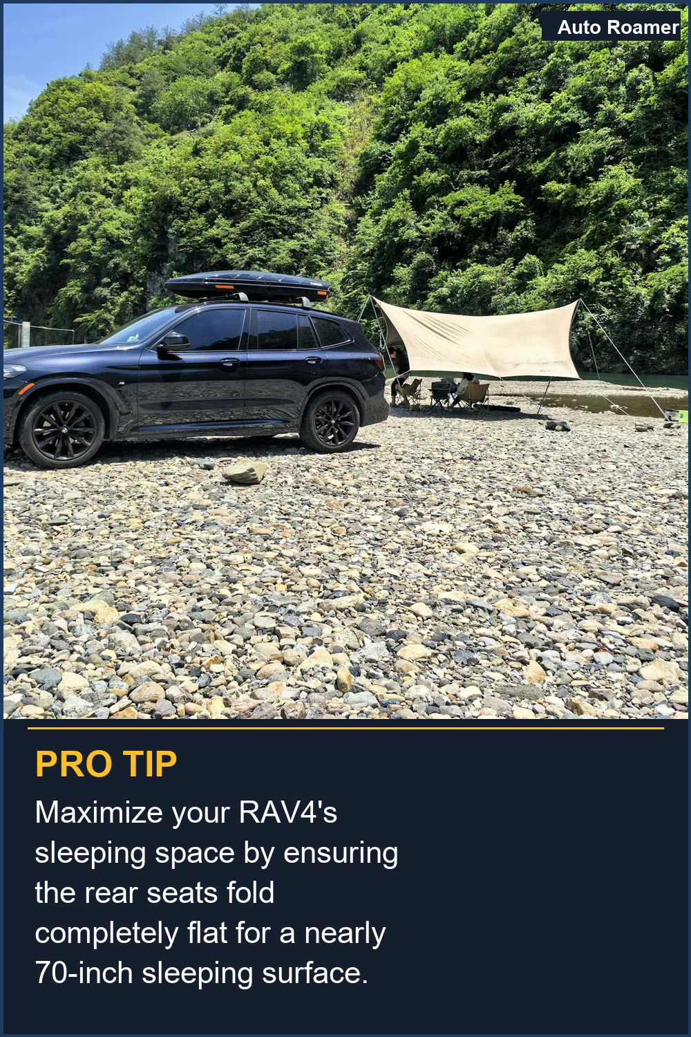 Maximize your RAV4's sleeping space by ensuring the rear seats fold completely flat for a nearly 70-inch sleeping surface.