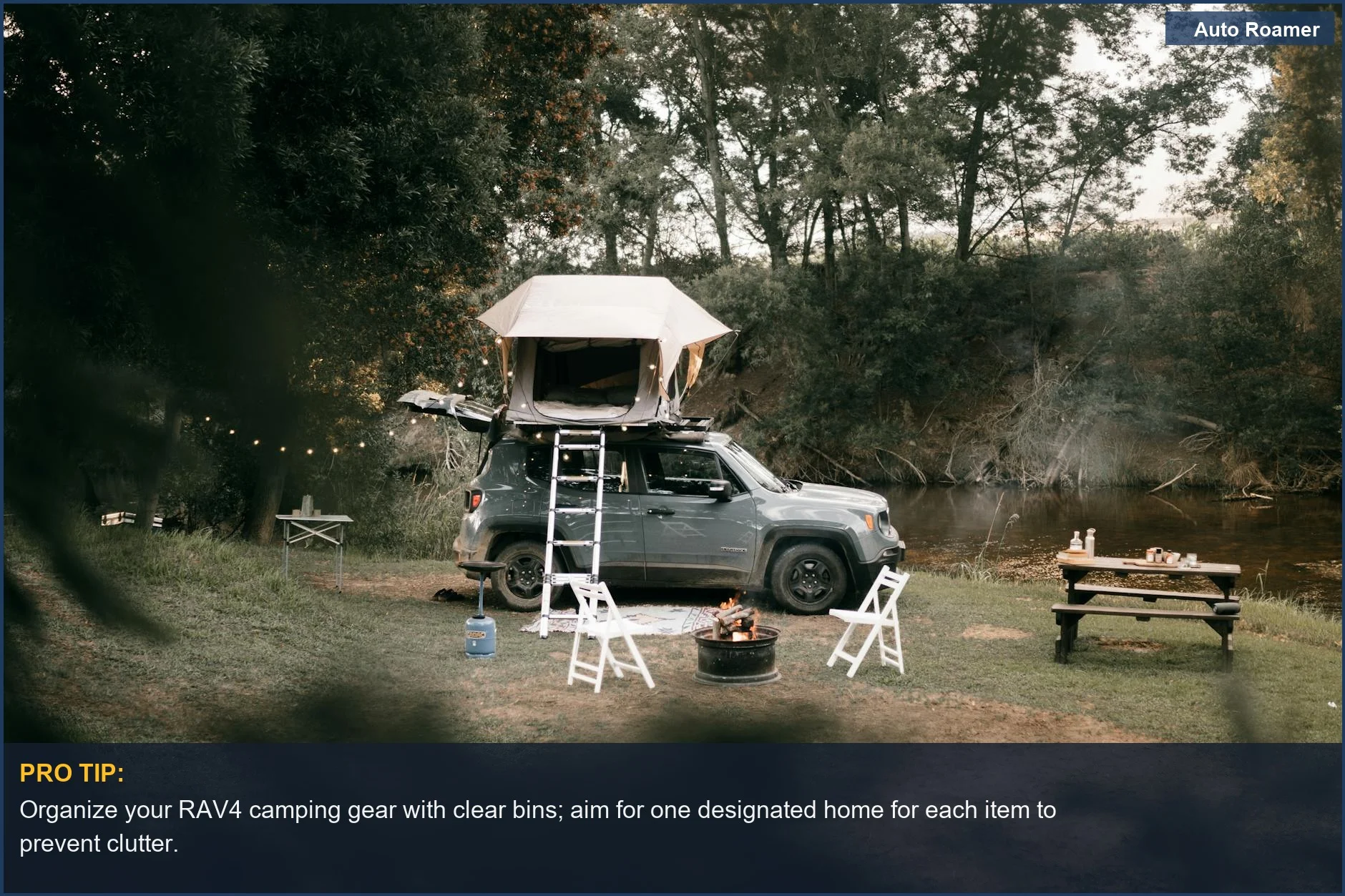 Serene RAV4 car camping setup by a riverbank with a rooftop tent for nature enthusiasts.