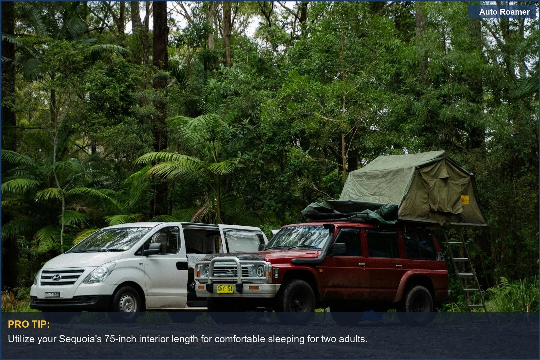 Two SUVs with camping gear parked in a lush forest, ideal for adventure.