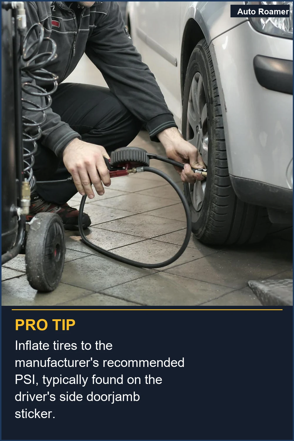 Inflate tires to the manufacturer's recommended PSI, typically found on the driver's side doorjamb sticker.