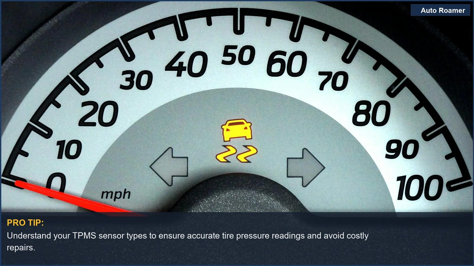 Tablero de un coche con la luz de advertencia TPMS encendida en el velocímetro, indicando problemas de presión de neumáticos.