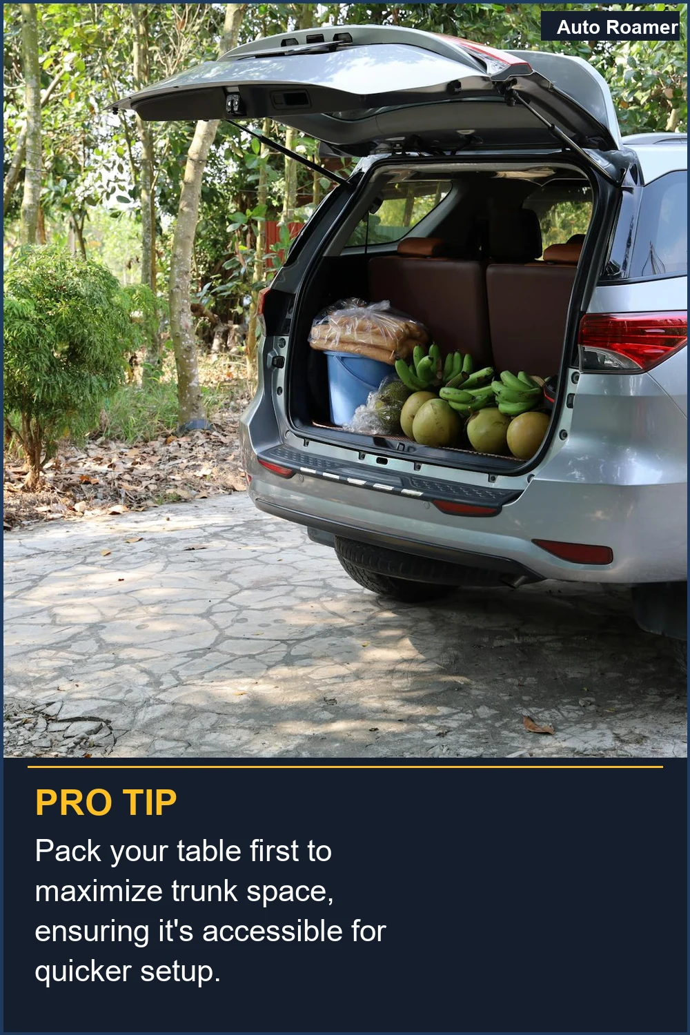 Pack your table first to maximize trunk space, ensuring it's accessible for quicker setup.