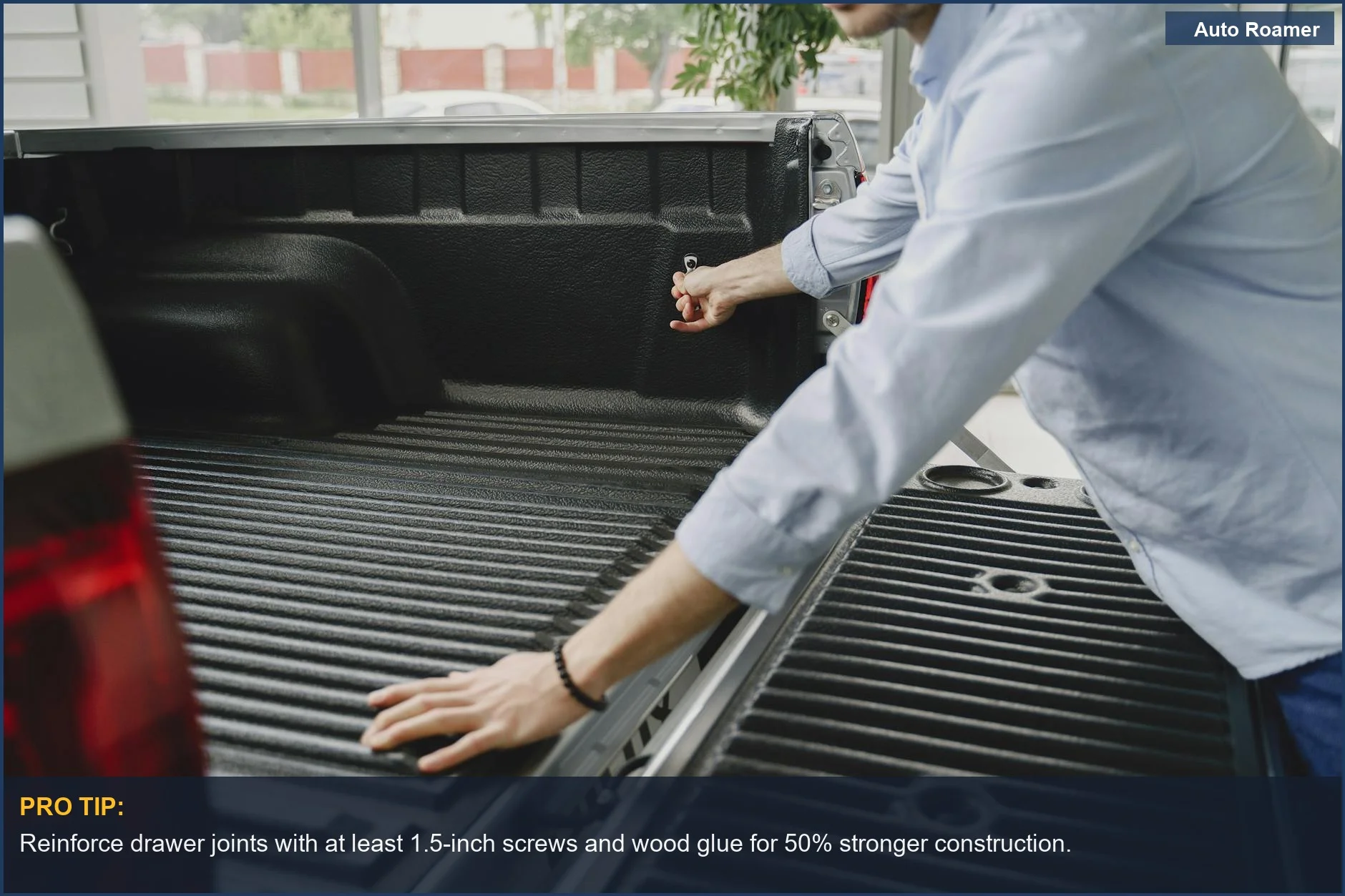 Man opens truck bed, highlighting the importance of drawer construction for camping gear.