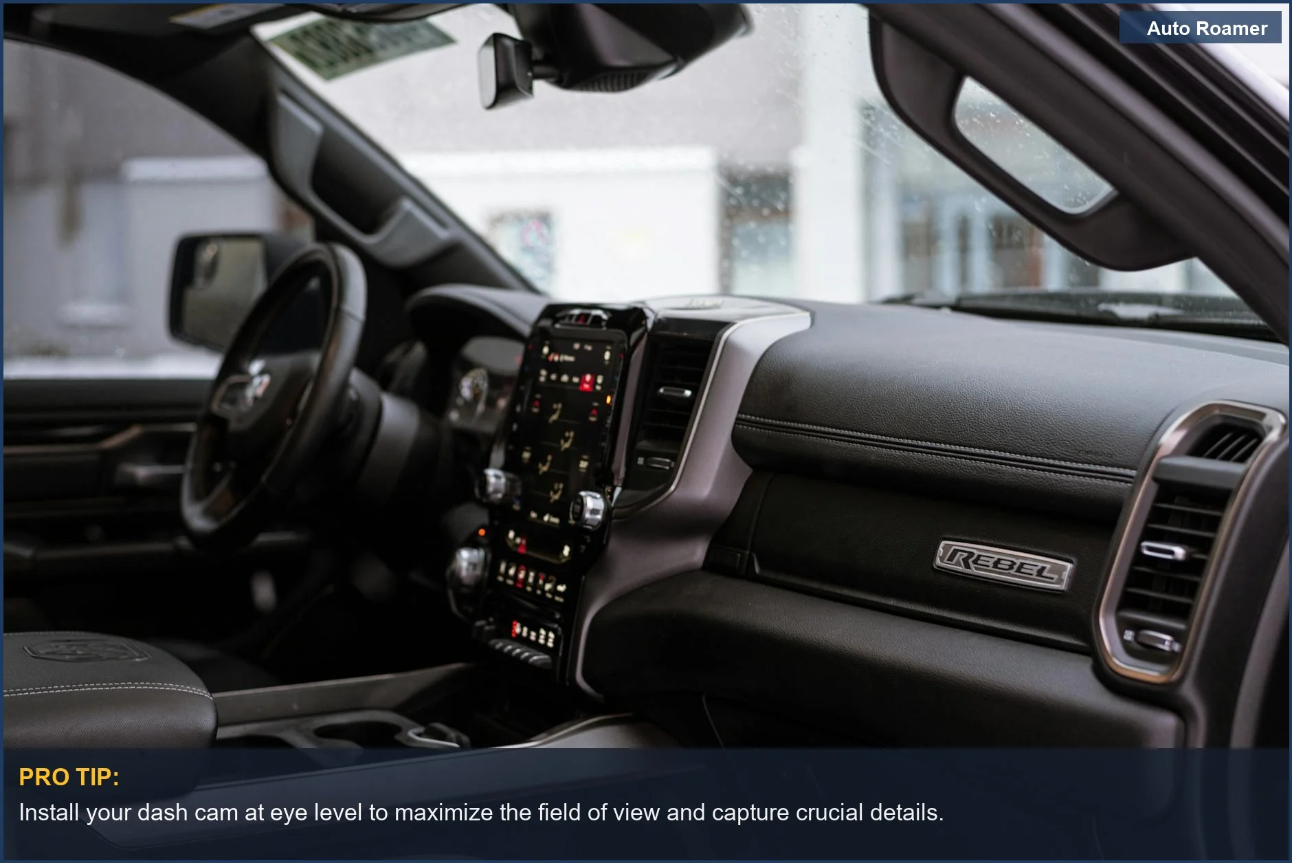 Close-up of a modern Dodge Ram truck's dashboard, showing advanced tech suitable for a truck dash cam lens.