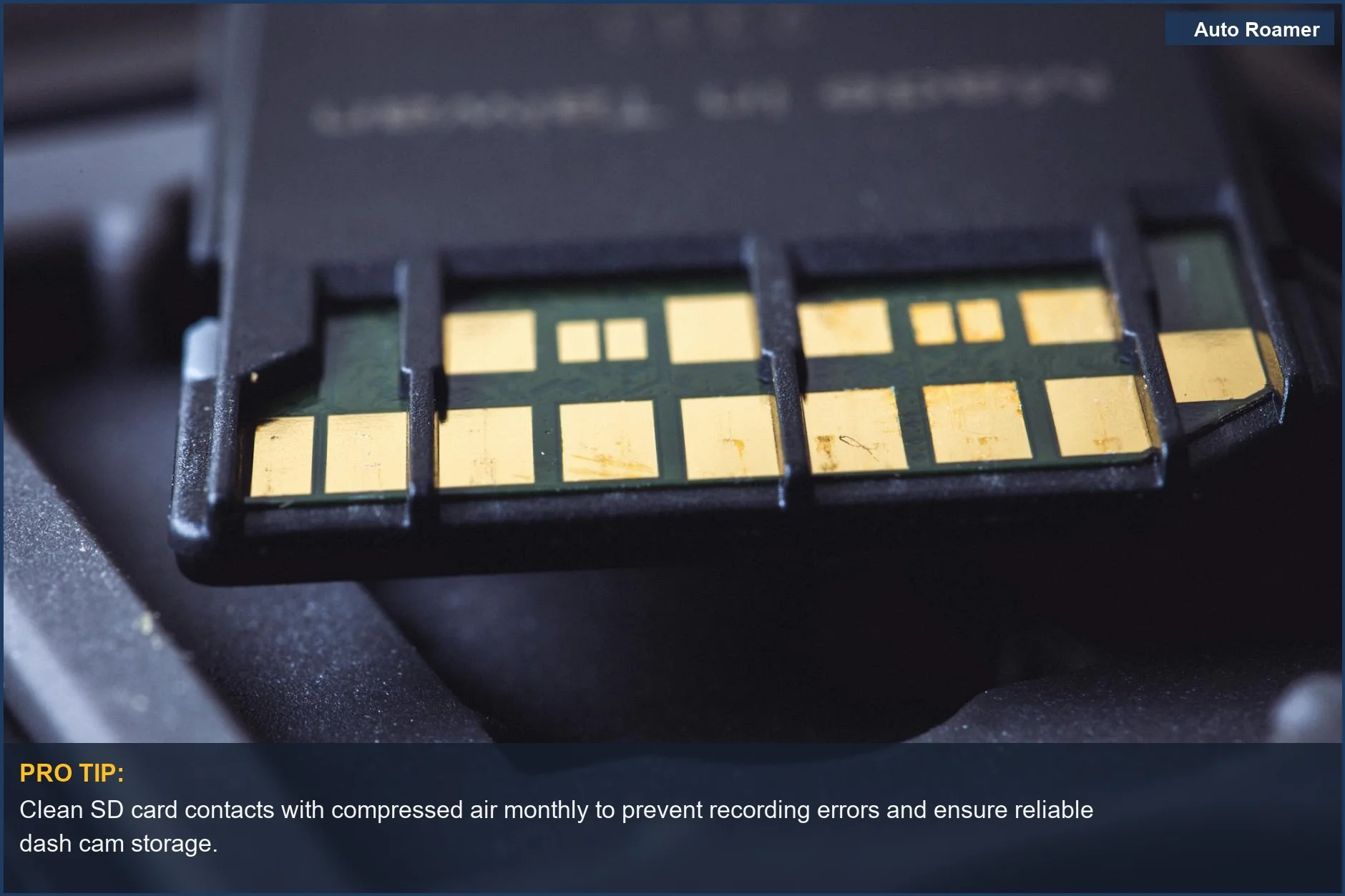 Close-up macro shot of SD card connector pins, highlighting technology for truck dash cam storage options.