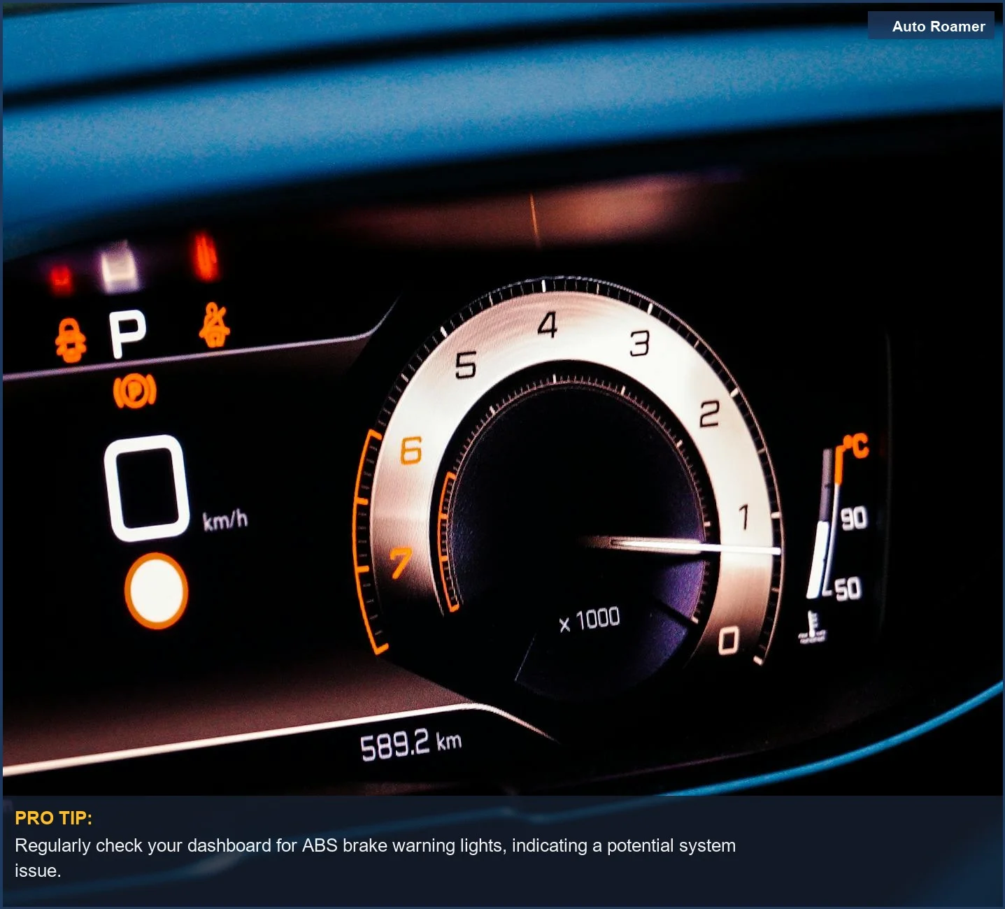 Detailed car dashboard view with illuminated speedometer and crucial warning lights for driver awareness.