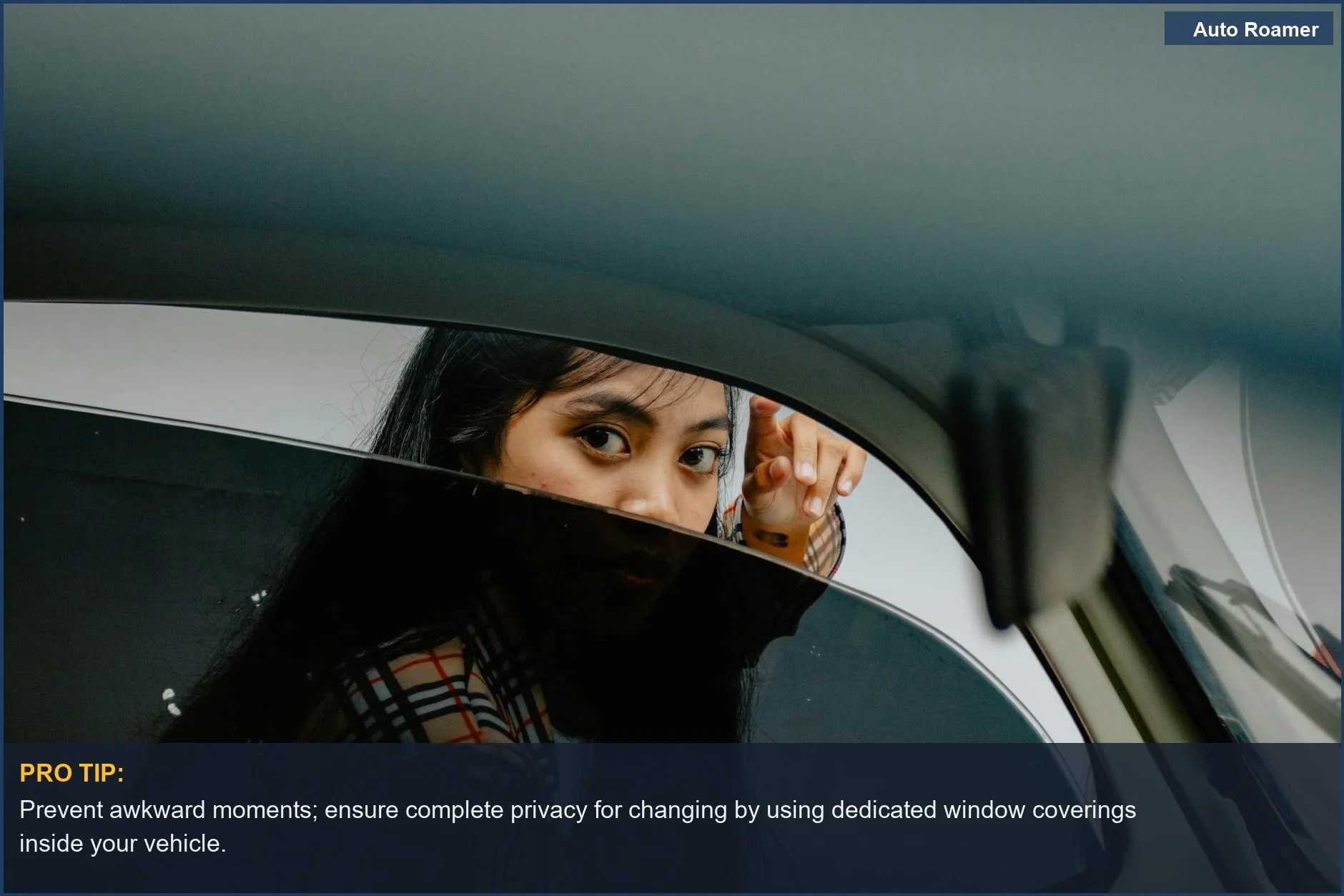 Curious woman peeking through a car window, highlighting the need for camping solutions.