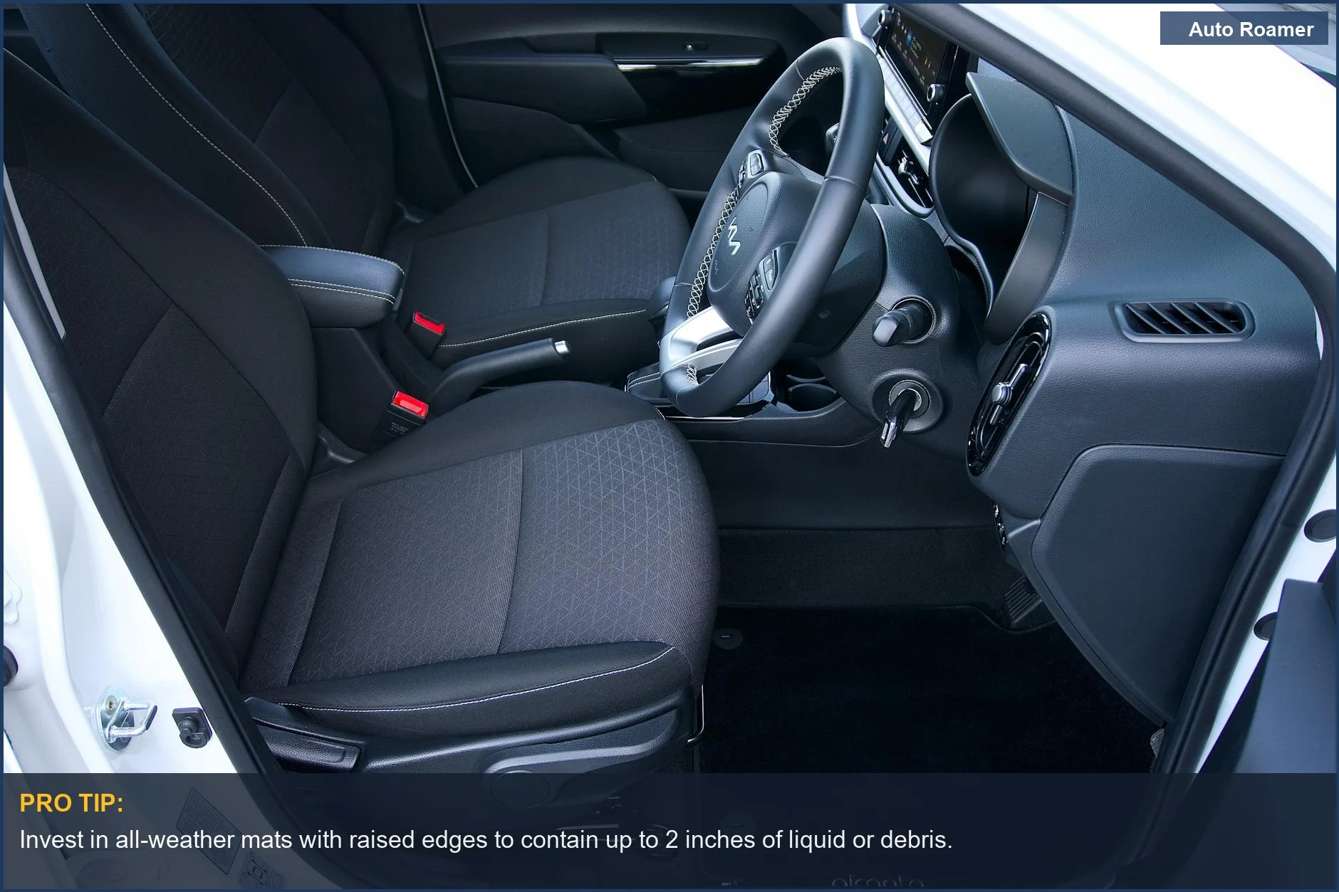 High angle view of a clean Toyota Camry car interior with black dashboard and steering wheel, ready for adventure.