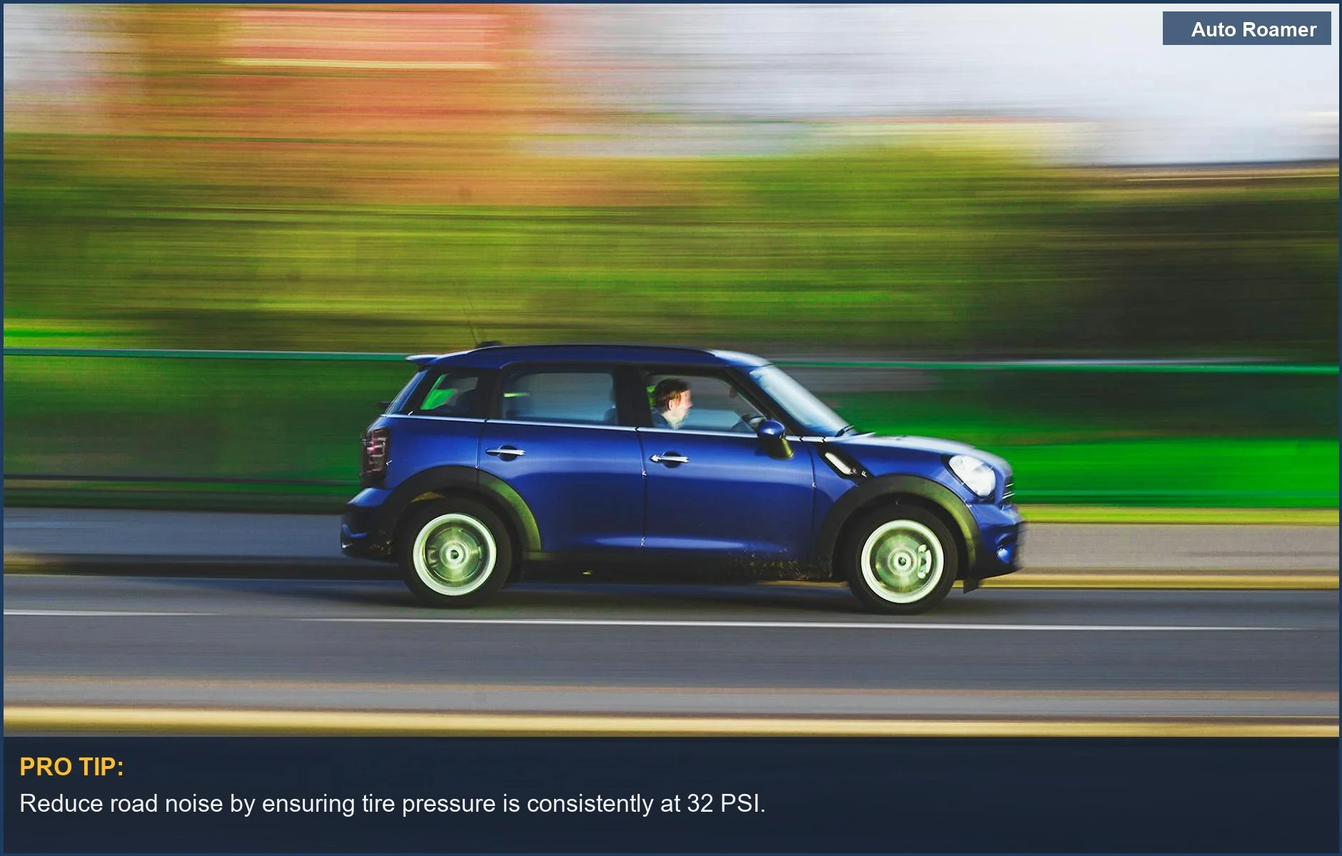 Blue car driving fast on a blurred road, illustrating road noise and speed.
