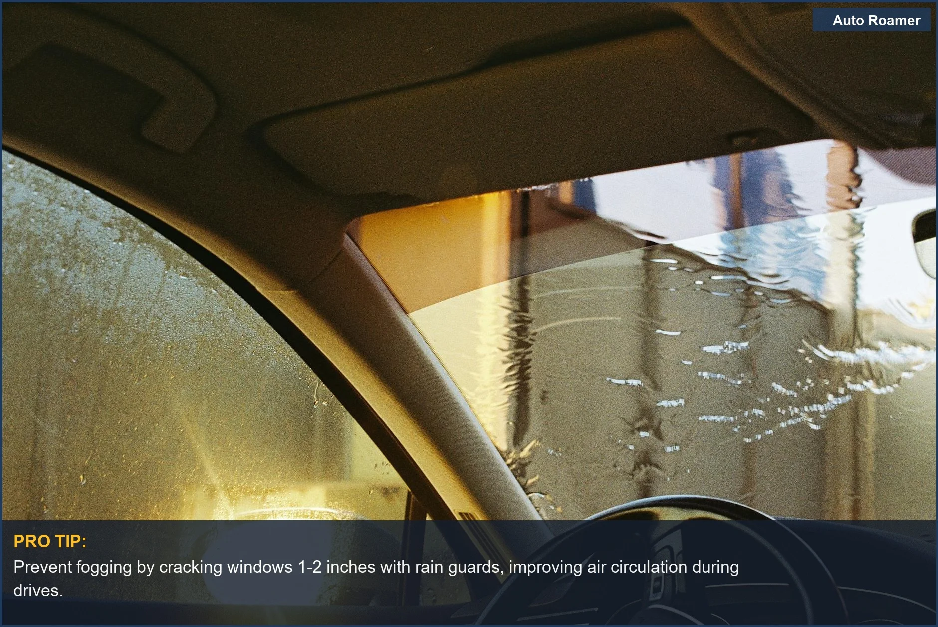 Vista borrosa desde el interior de un coche con el parabrisas empañado, destacando la necesidad de protectores de lluvia adhesivos.