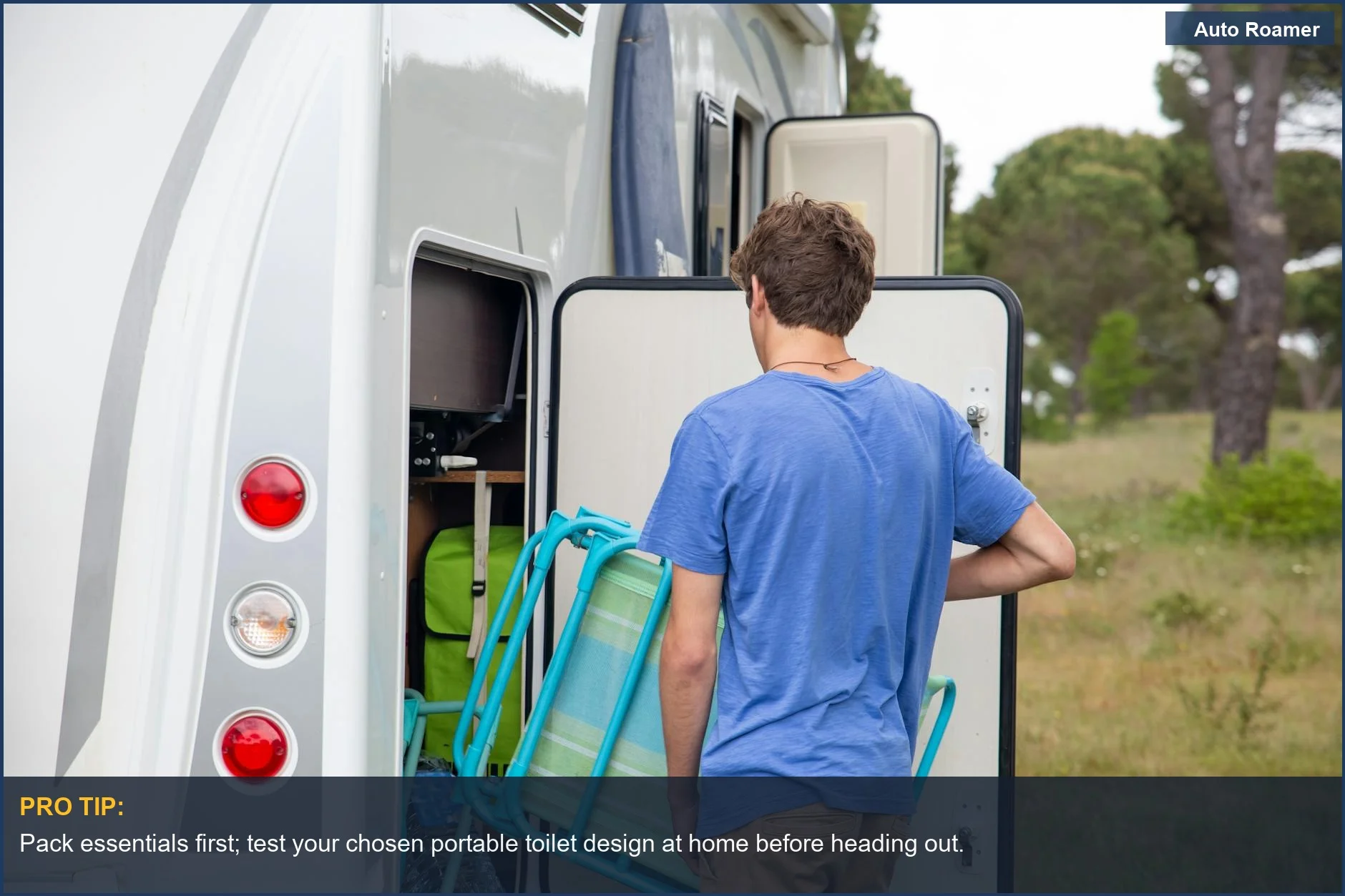 Man loading car camping gear into RV, preparing for outdoor adventure and portable toilet setup.